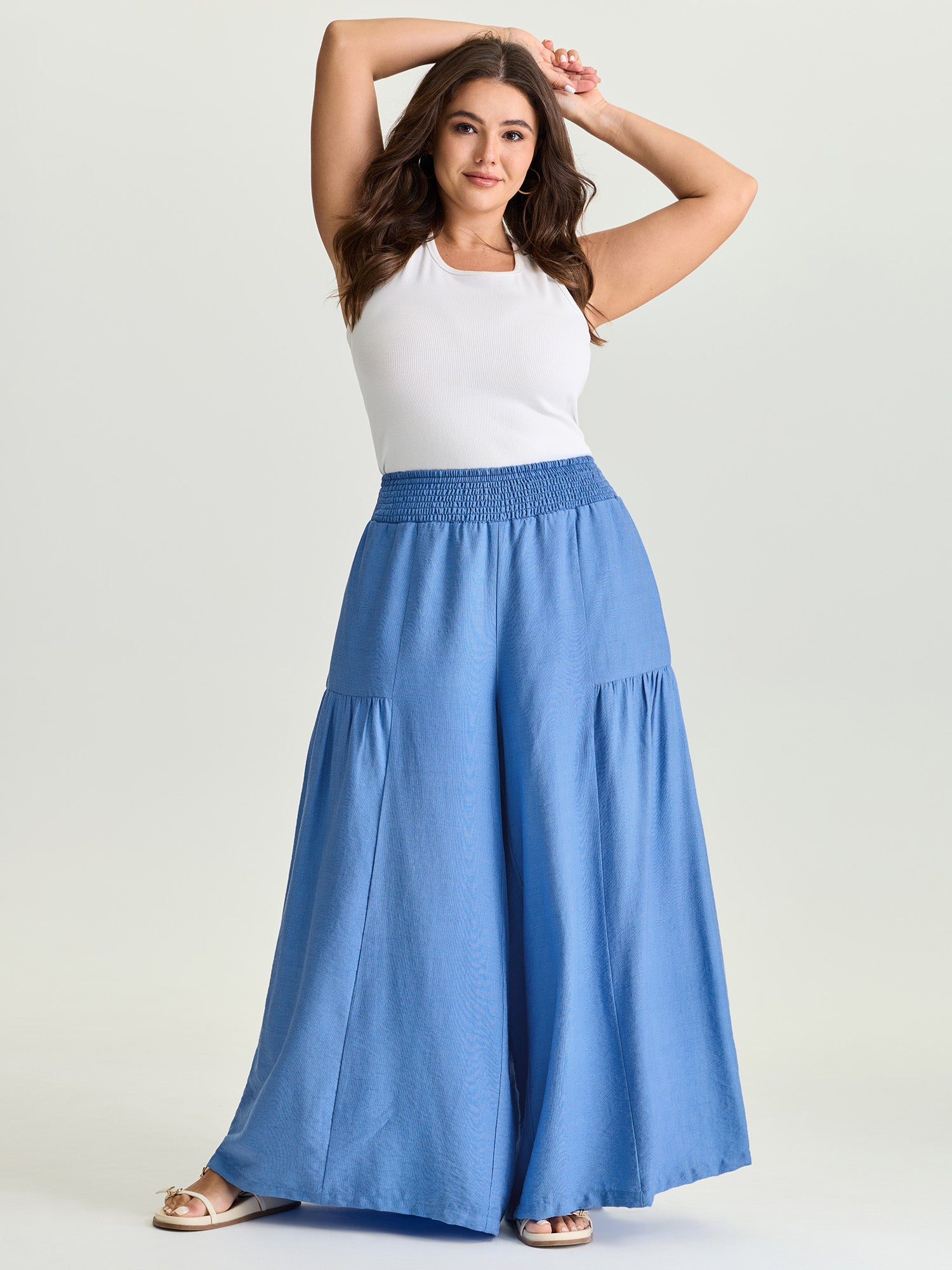 Shirred Wide Waistband Tiered Pants