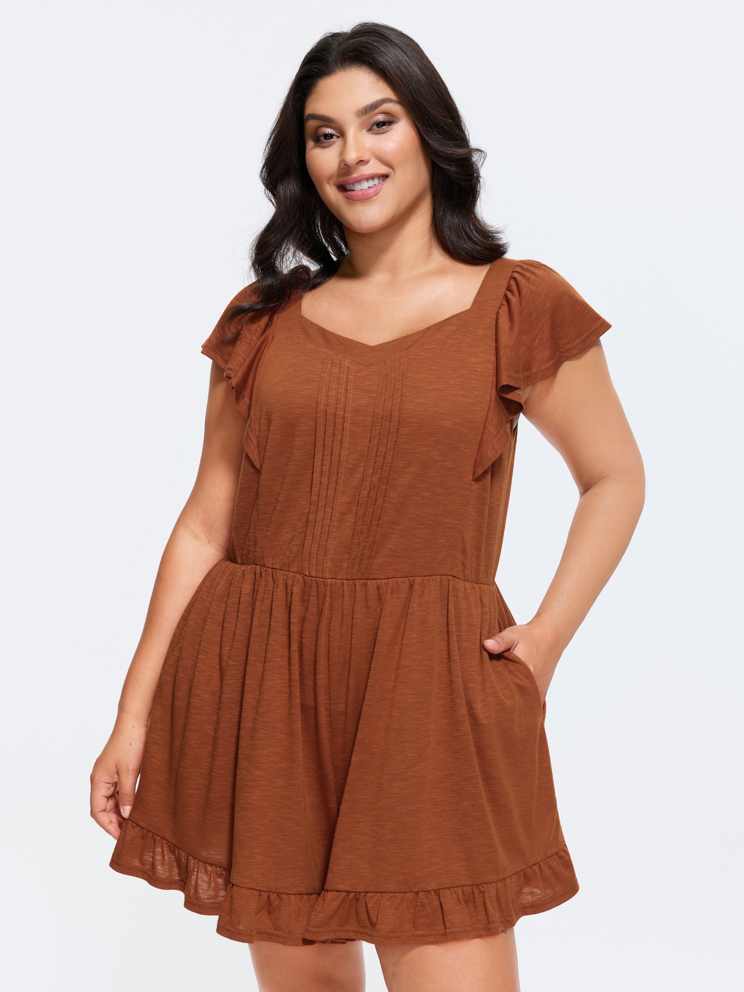 Stretchy Pleated Ruffle Hem Pocket Romper