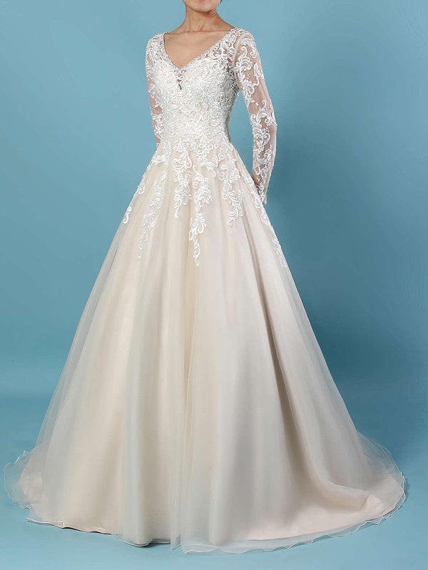 Deluxe Court Train V-Neck Long Sleeves Tulle Ball Gown Wedding Dresses