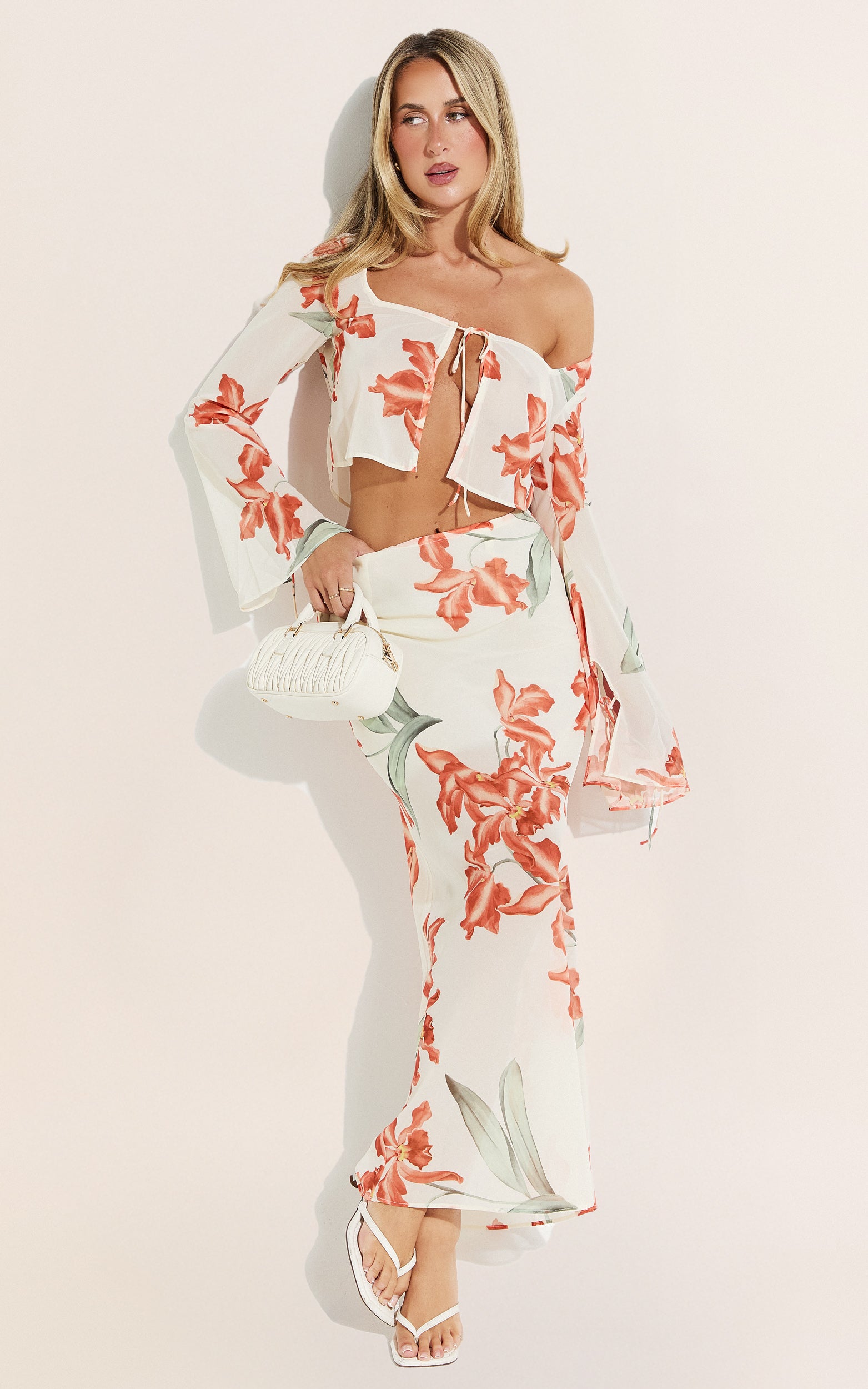 Sybil Two Piece Top and Skirt Set - Abstract Floral Tie Top and Maxi Skirt Set in Vintage Orchid