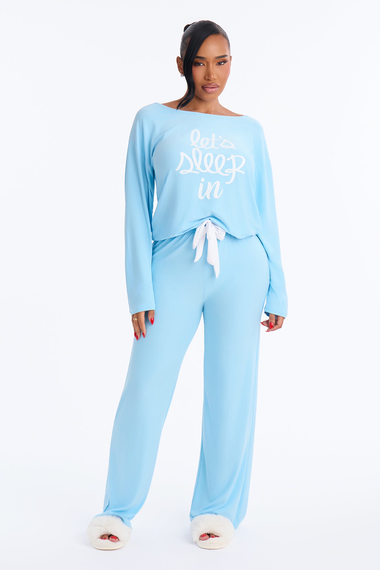 Just My Type Of Night Long Sleeve Wide Leg PJ Pant Set - Light Blue
