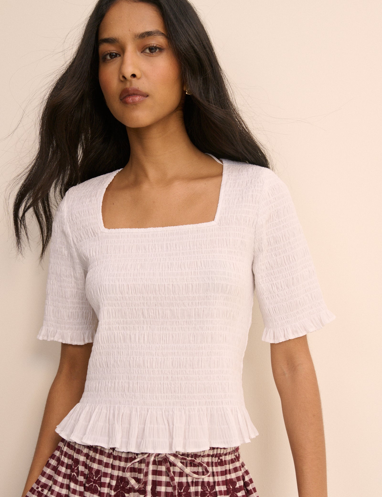 White Shirred Frill Trim Top
