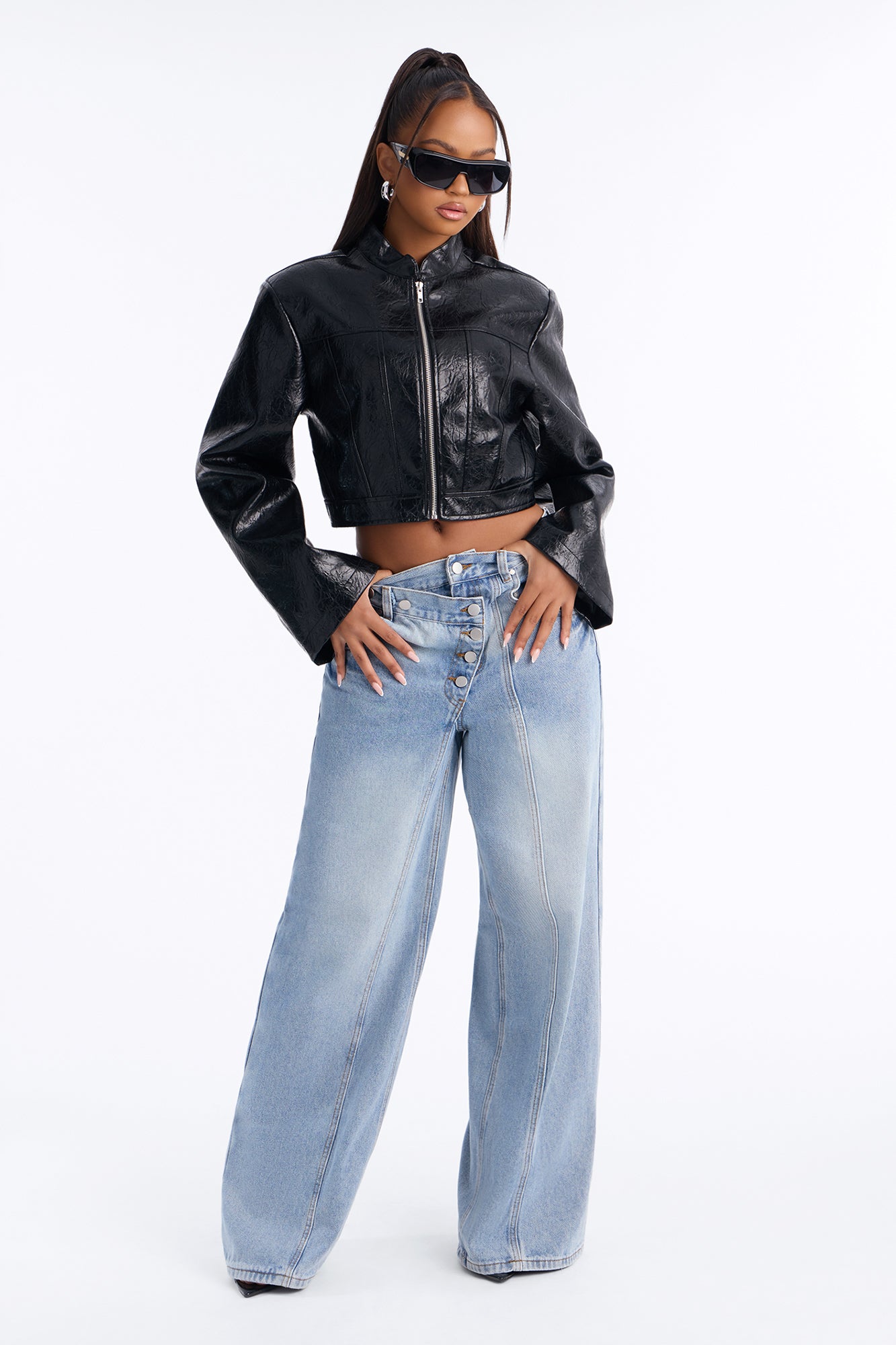 Double Up Crossover Waistband Wide Leg Jeans - Light Wash