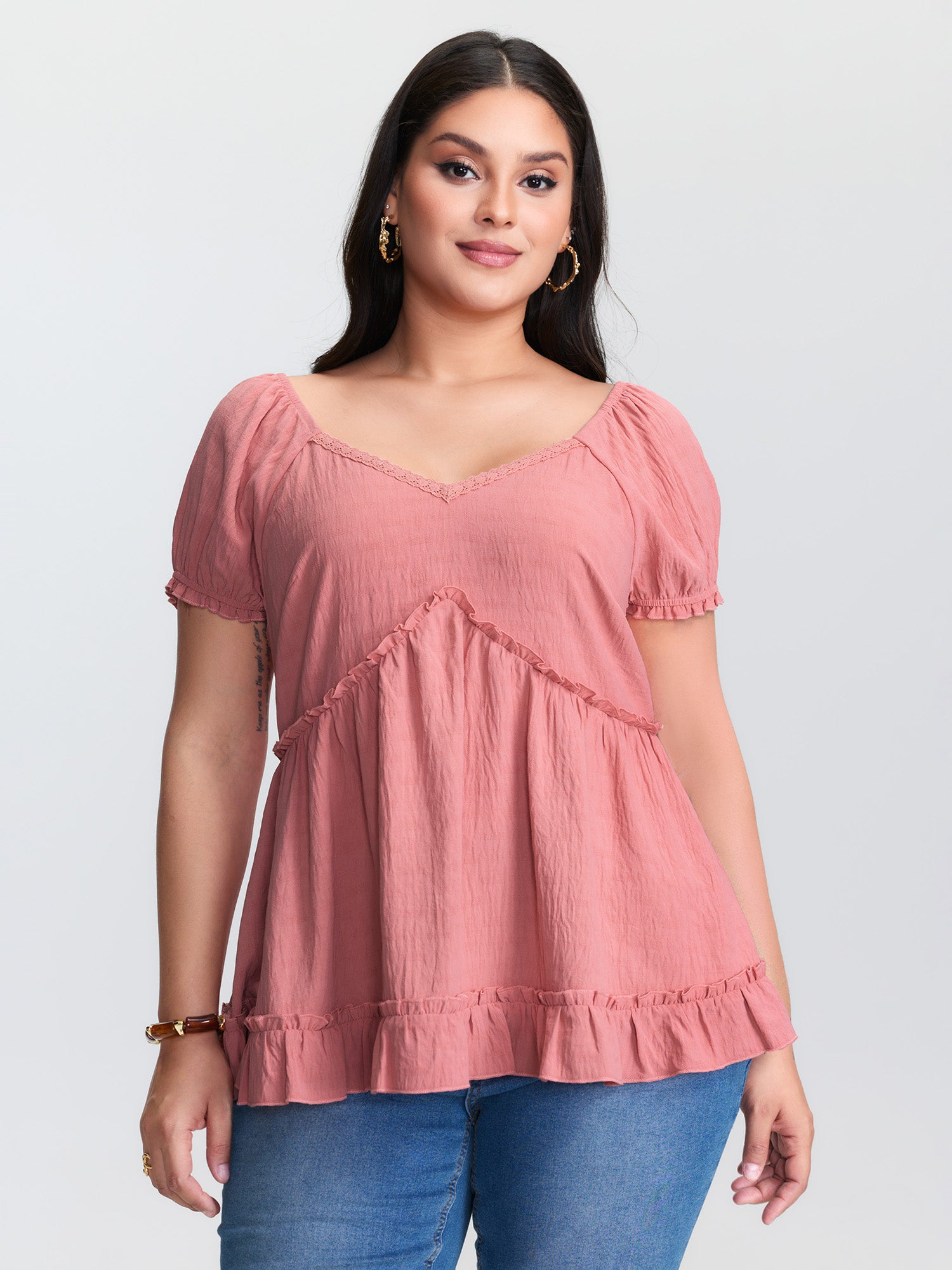 Lace Trim Ruffled Hem Plain Blouse