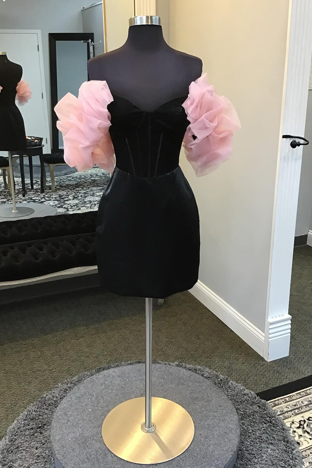 Black Corset Tight Short Homecoming Dress/Mini Dress with Puff Sleeves