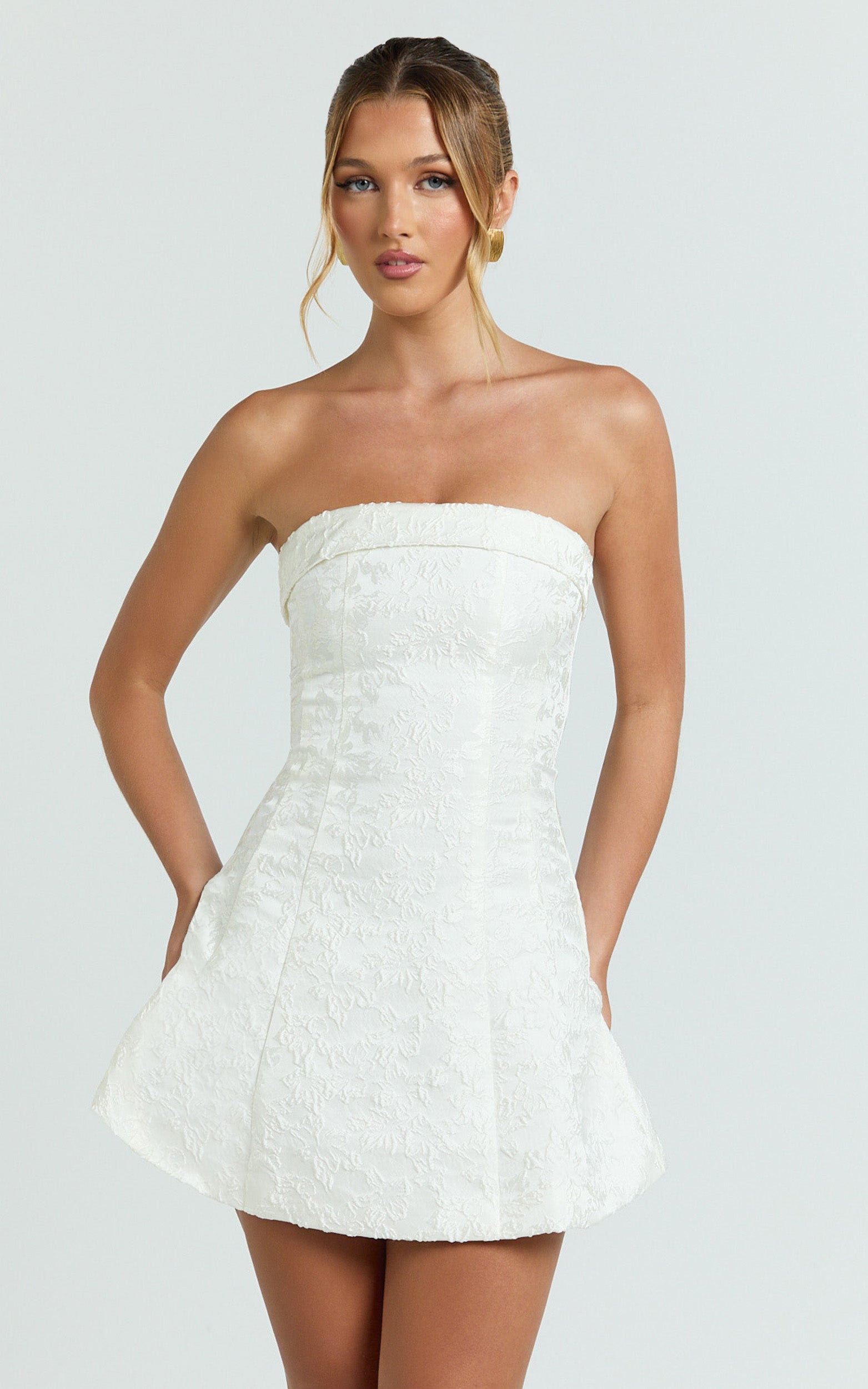 Courtney Mini Dress - Satin Paneled Strapless A Line Dress in White