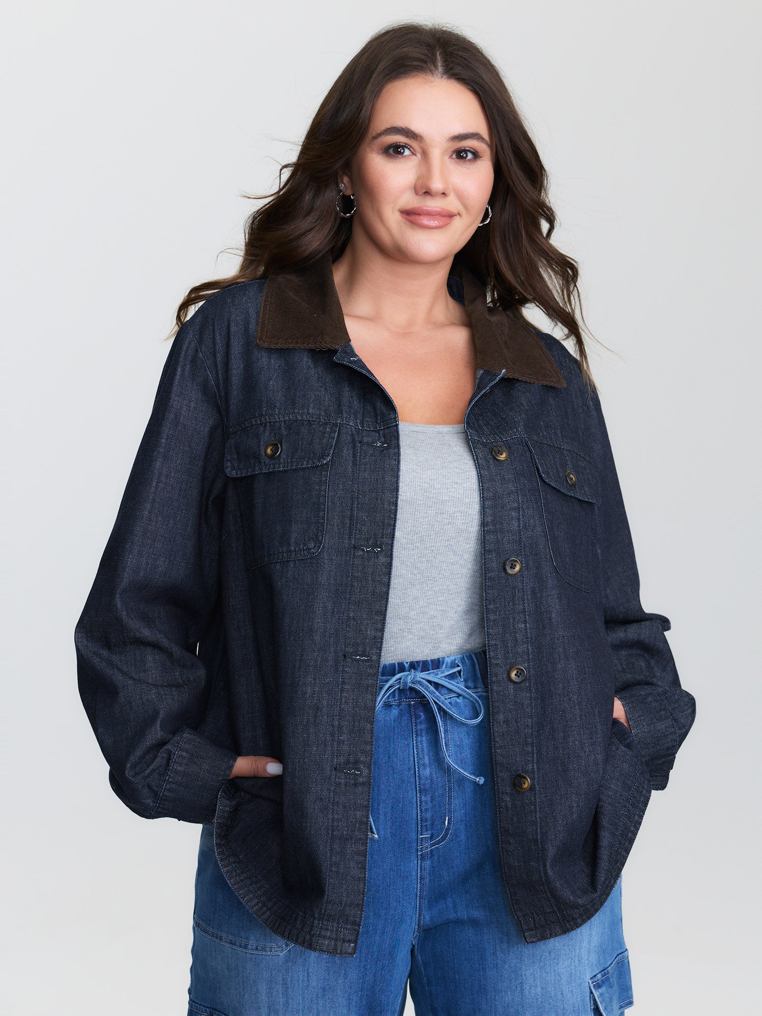Cotton Contrast Collar Button-Down Denim Top