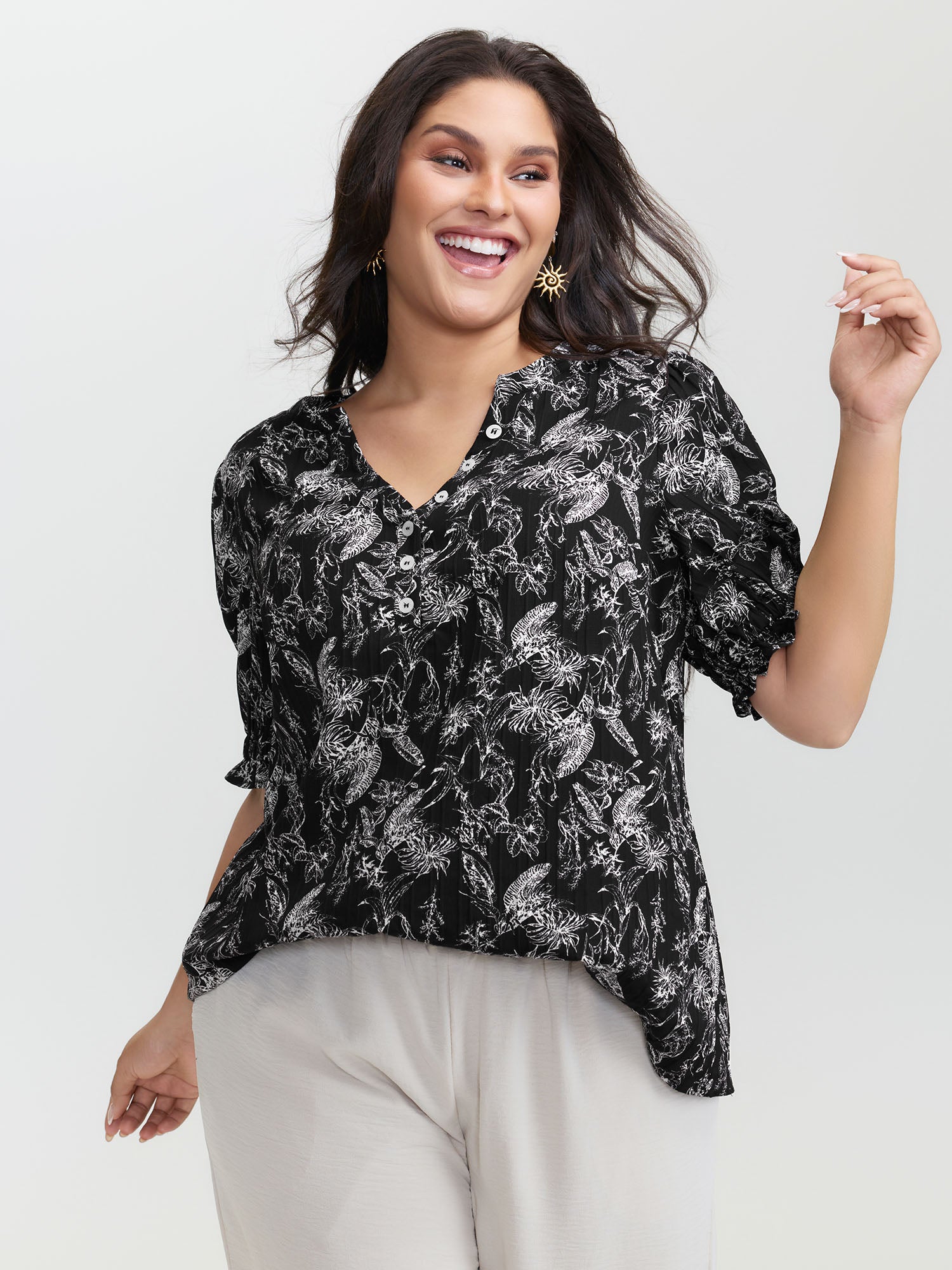 Floral Print Half-Open Placket Blouse