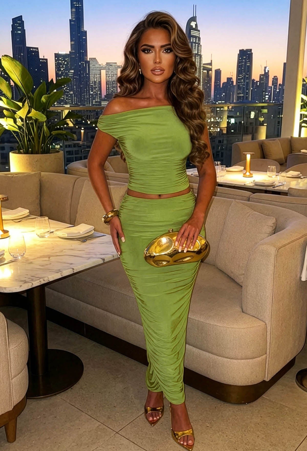 Snatch You Up Green Ruched Double Slinky Skirt Co-Ord Set