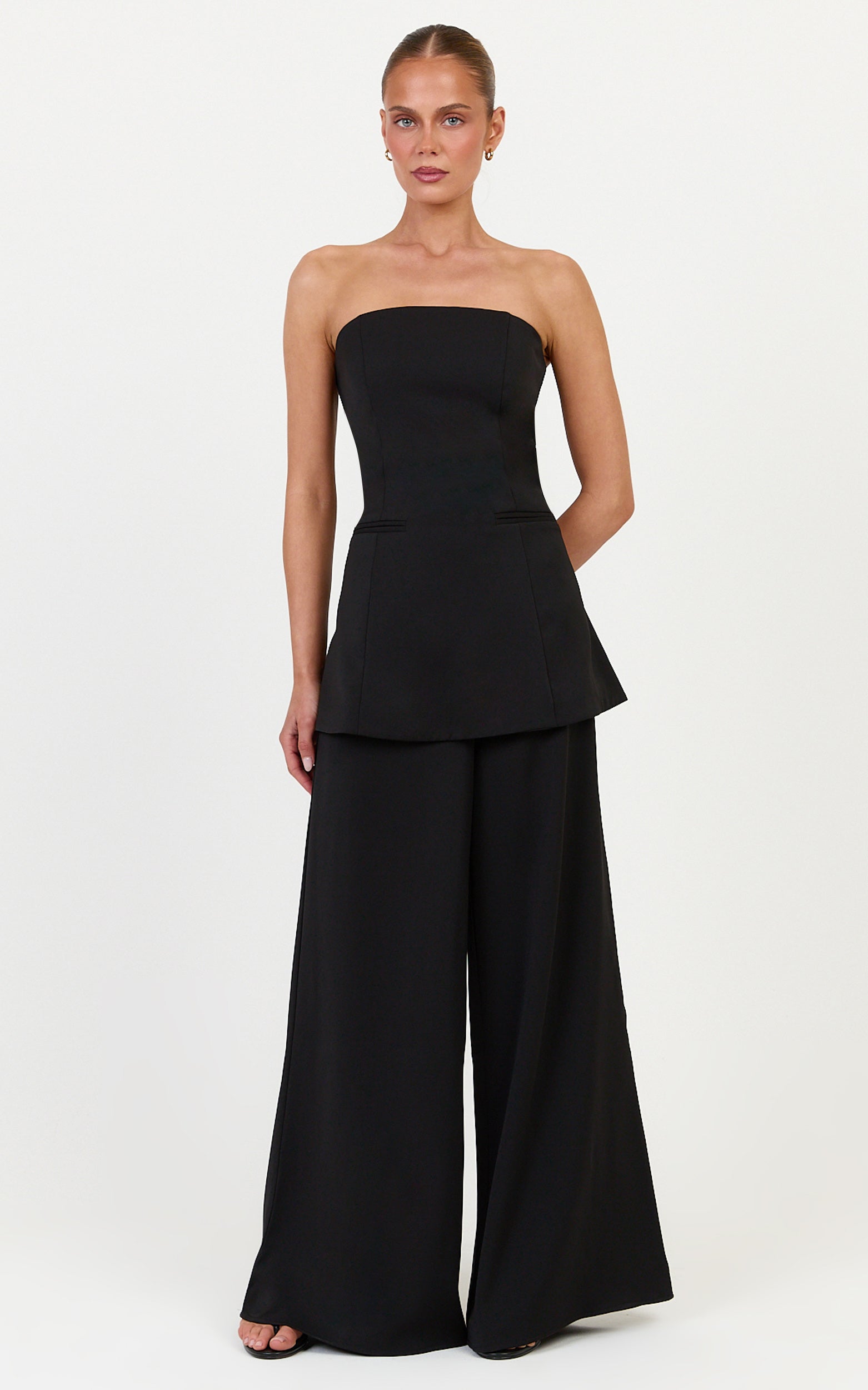 Jane Two Piece Top and Pants Set - Strapless Longline Top and Wide Leg Pants Set in Black