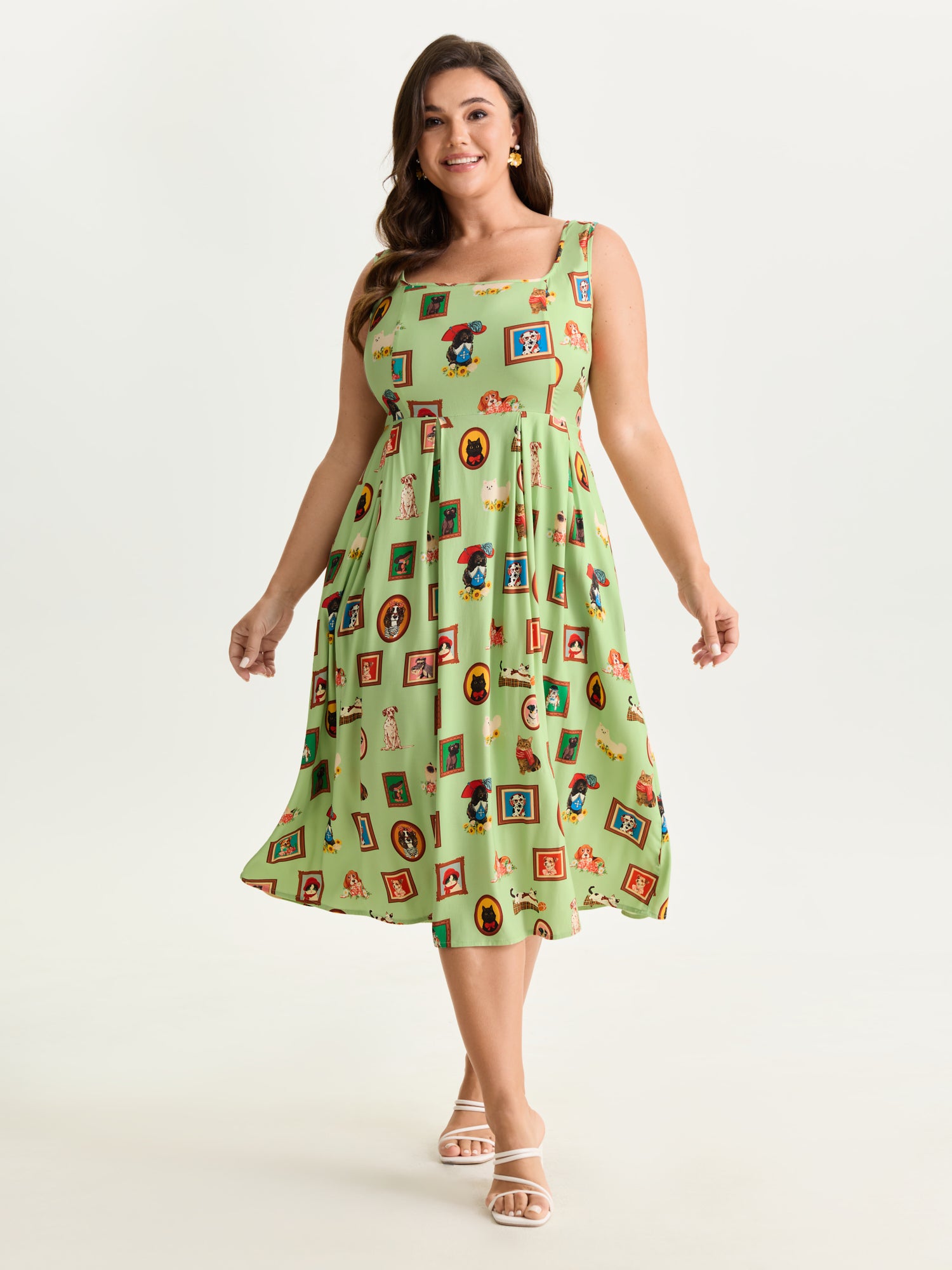 Pet Print Shirred Stretchy Back Midi Dress
