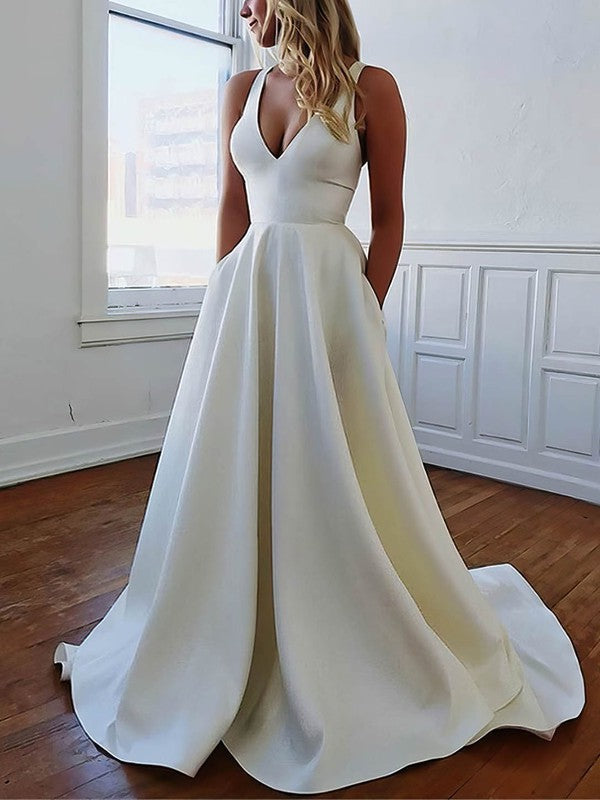 Deluxe V-Neck Sleeveless A-Line Satin Sweep Train Wedding Dresses with Pockets