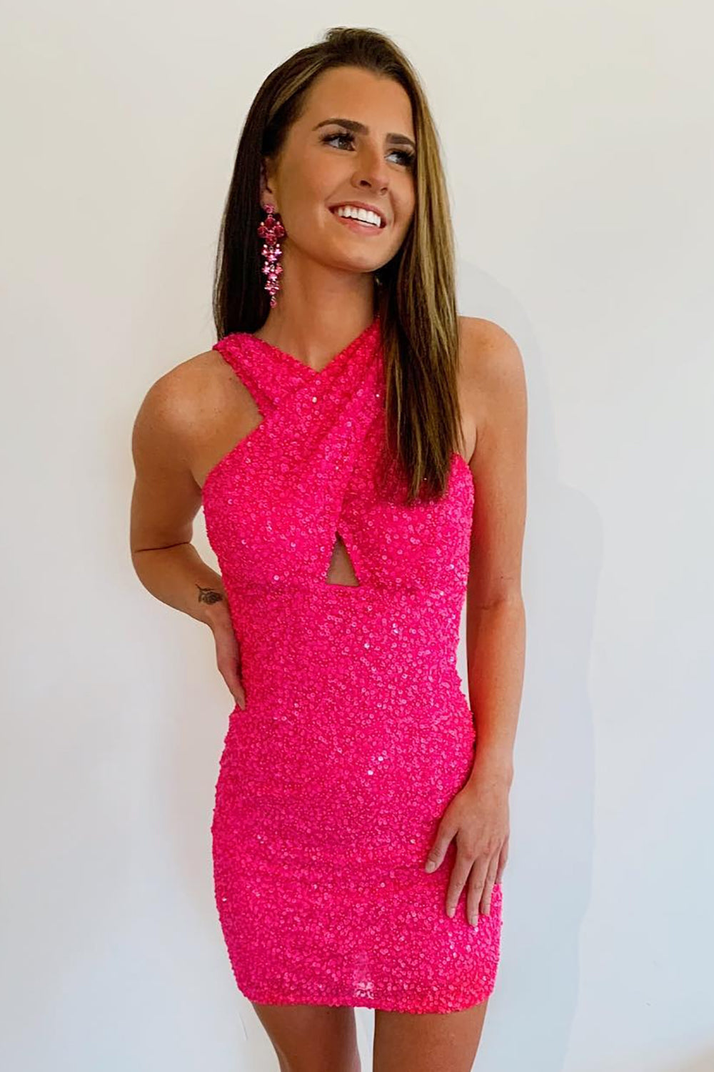 Fuchsia Halter Sleeveless Sequined Homecoming Dress/Mini Dress
