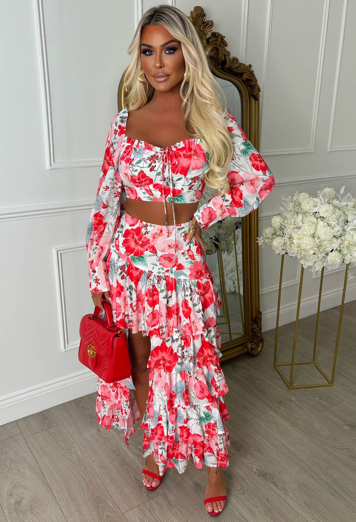 Romance Red Floral Print Waterfall Tiered Maxi Skirt Co-ord