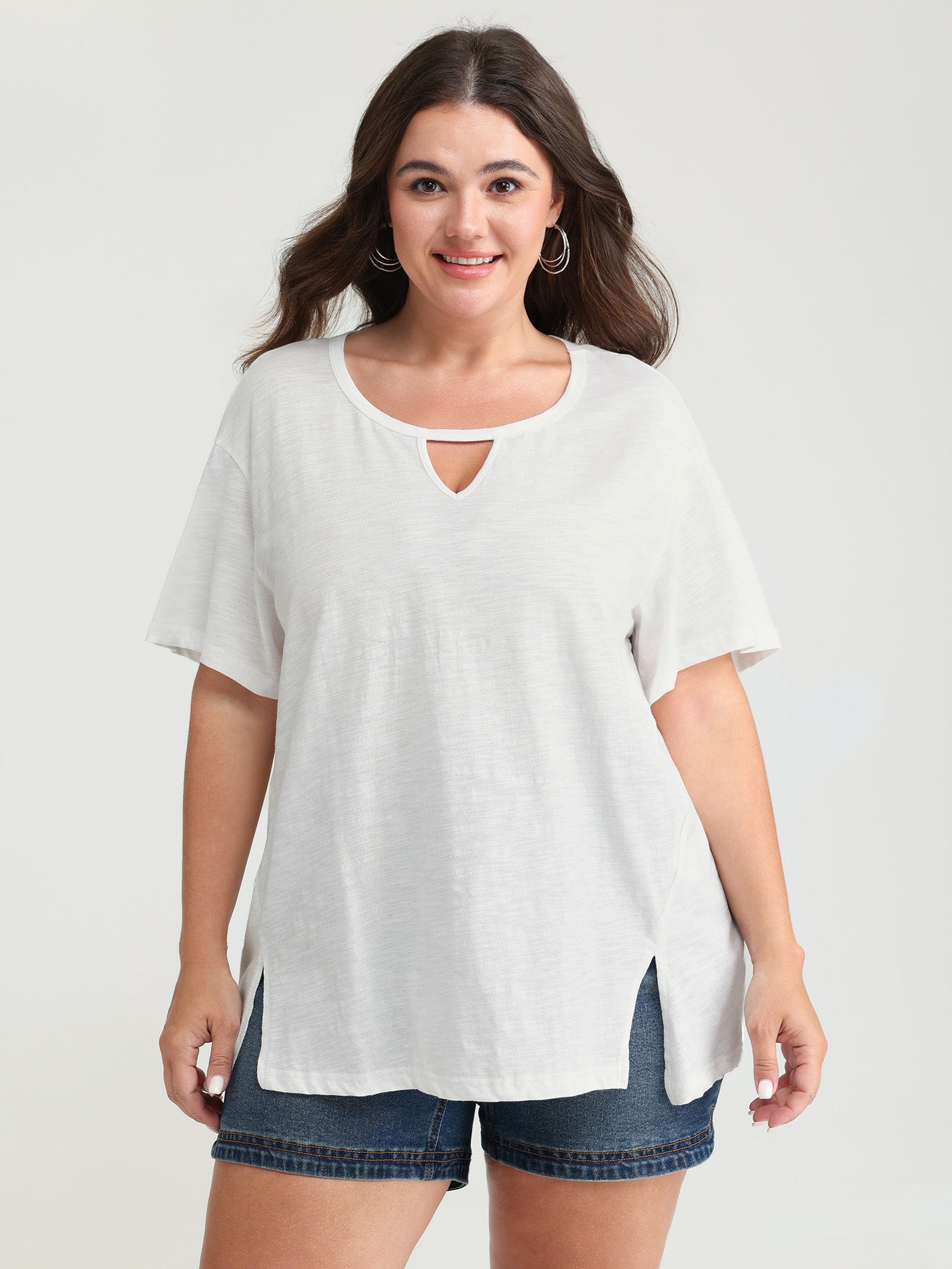 Pure Cotton Keyhole Neckline Flowy T-Shirt