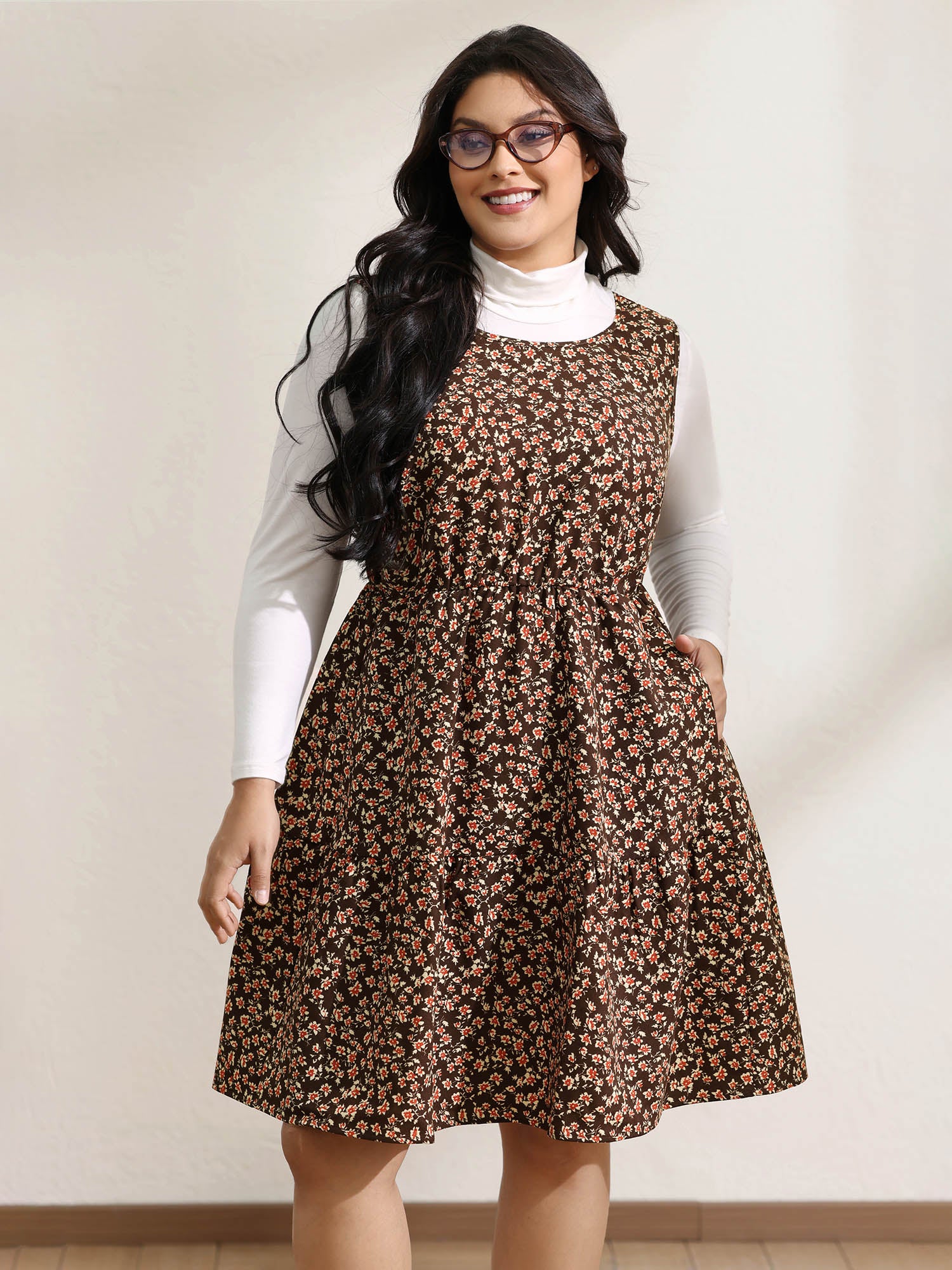 Floral Print Pockets Sleeveless Mini Dress