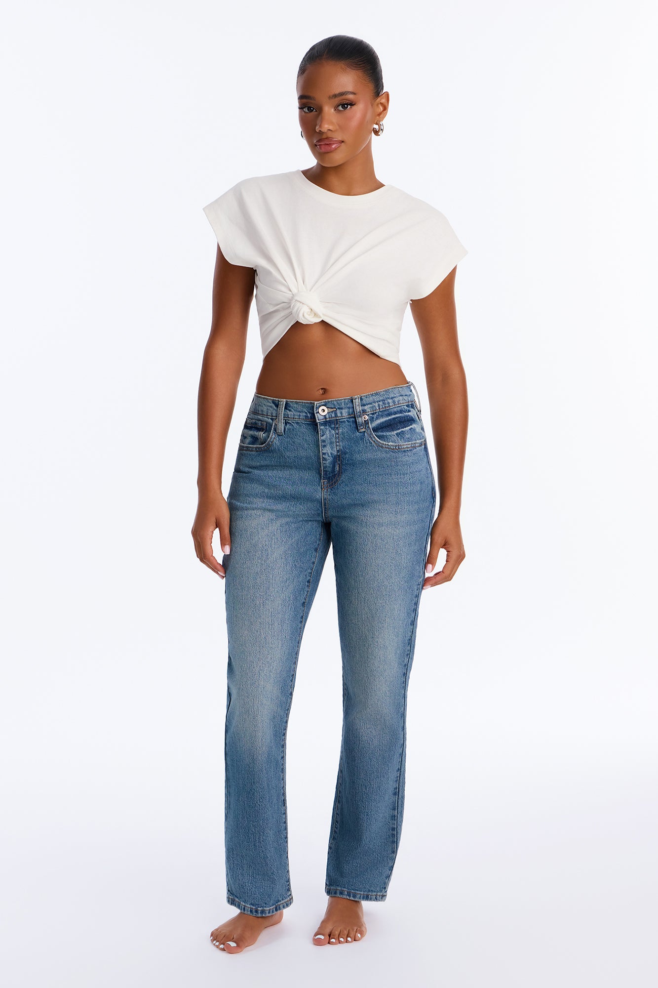 Classic Boyfriend 90s Ripped High Rise Straight Leg Jeans - Medium Wash