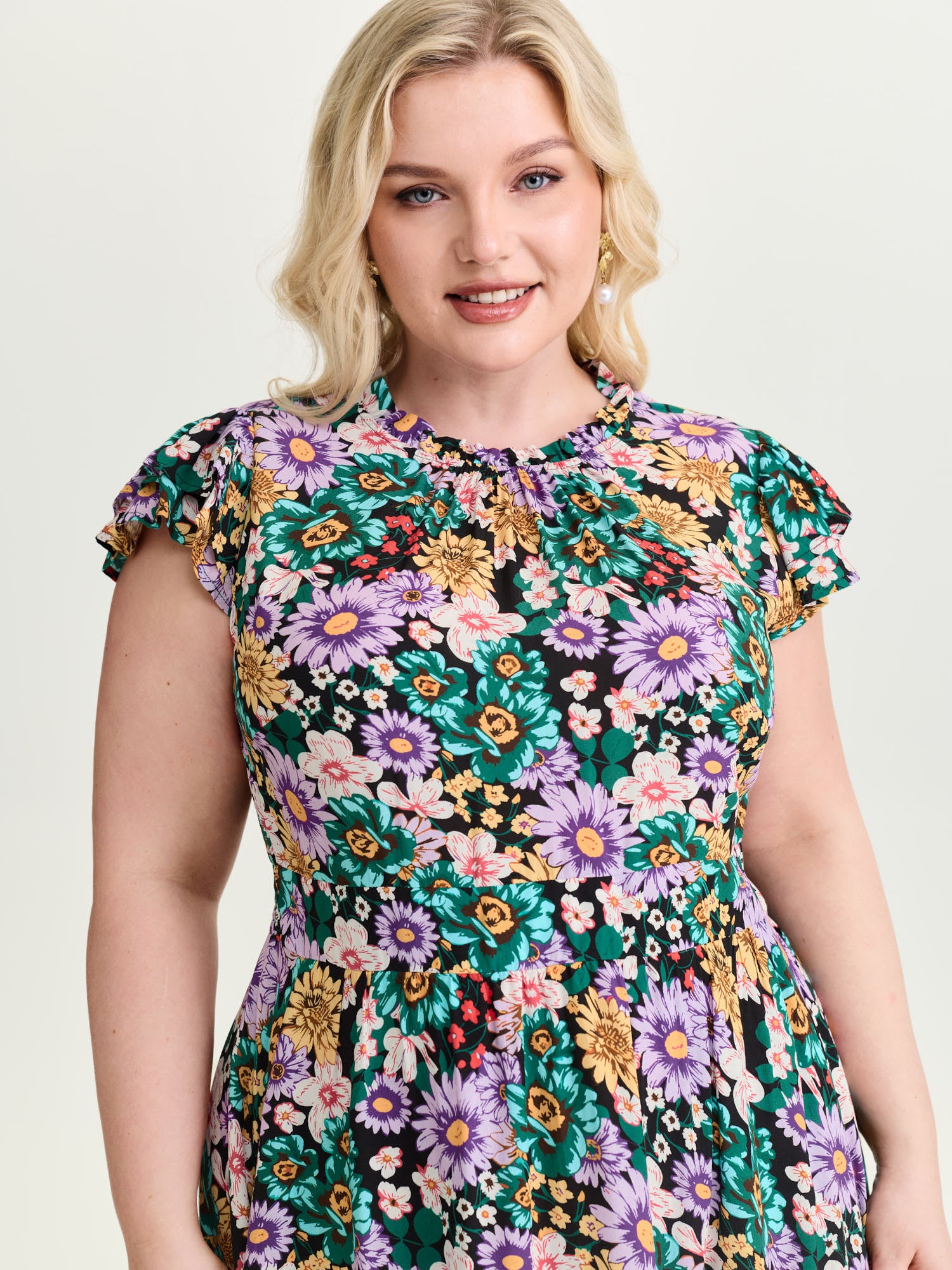 Vibrant Floral Print Ruffled Neckline Mini Dress