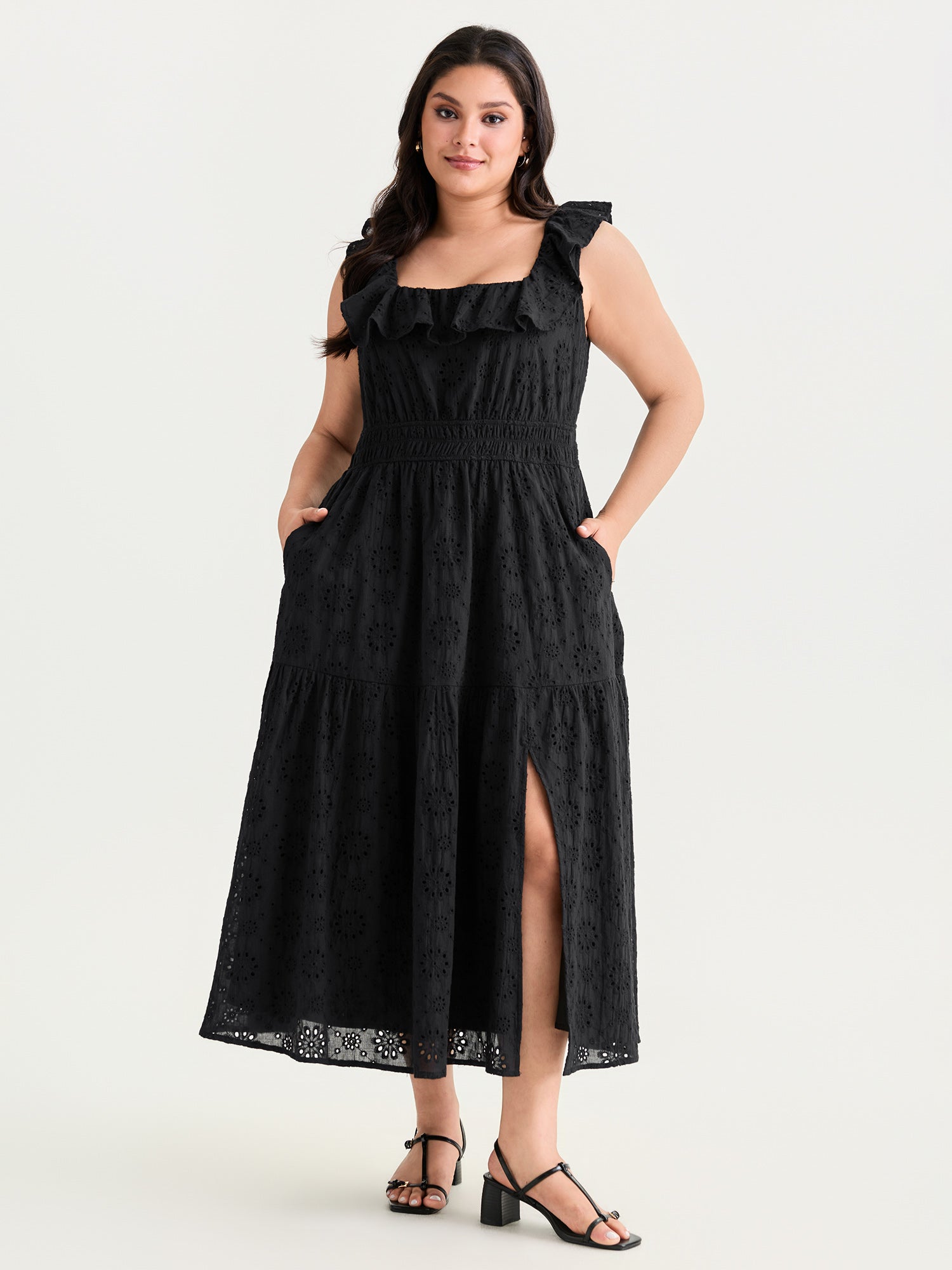 Solid Ruffle Square Neck Trim Maxi Dress