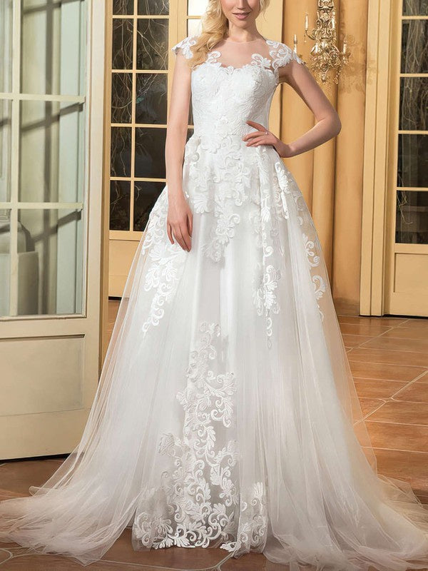 Elegant Capped Jewel Neck Ball Gown Tulle Sweep Train Wedding Dresses