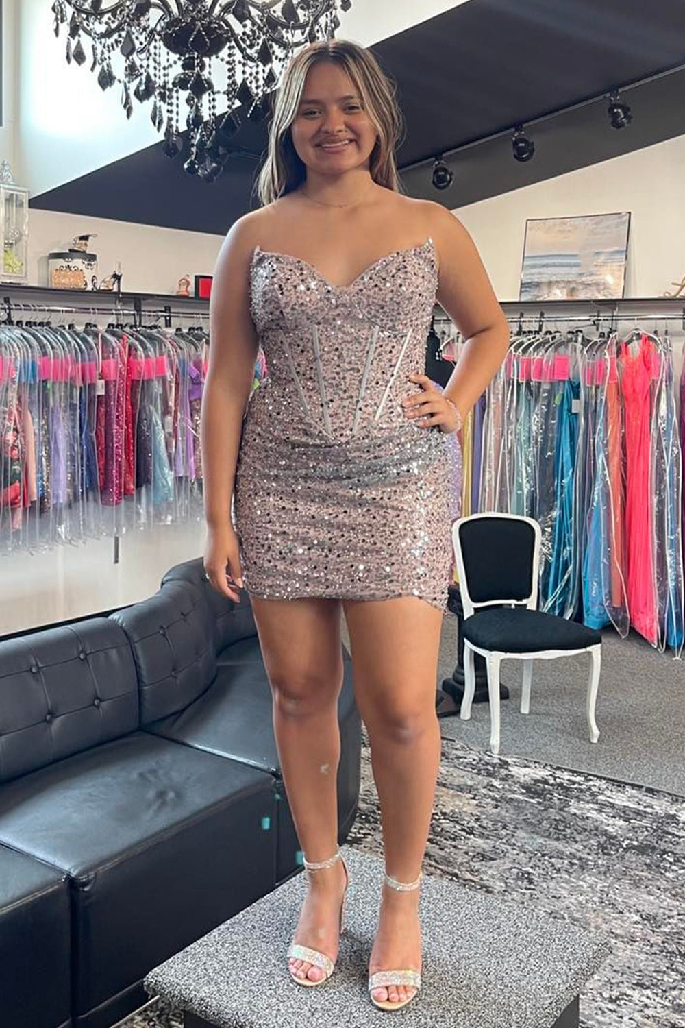 Sparkly Grey Pink Sequin Corset Tight Short Homecoming Dress/Mini Dress