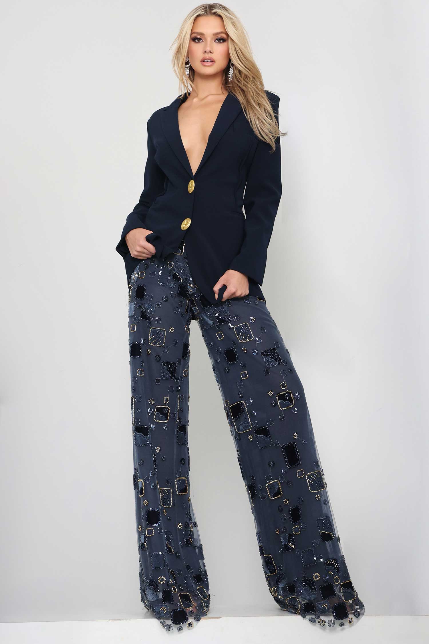 Jovani 52096 Long Sleeve Beaded Wide Leg Pantsuit