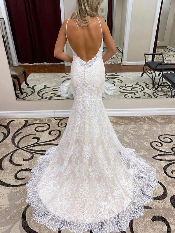 Classic V-Neck Backless Lace Trumpet Wedding Dresses with Sweep Train