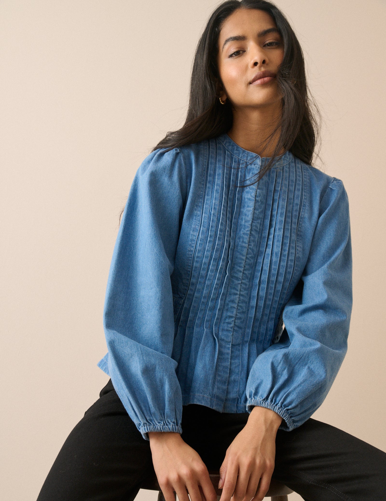 Mid-Wash Pintuck Denim Blouse