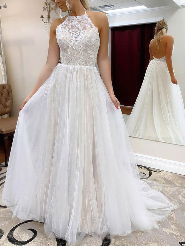 Sexy A-Line Halter Backless Lace Tulle Sweep Train Wedding Dresses