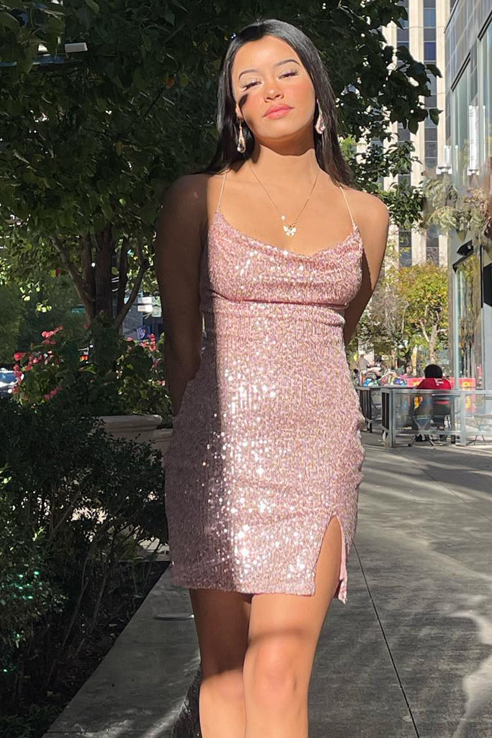 Sparkly Pink Sequin Tight Short Homecoming Dress/Mini Dress with Slit