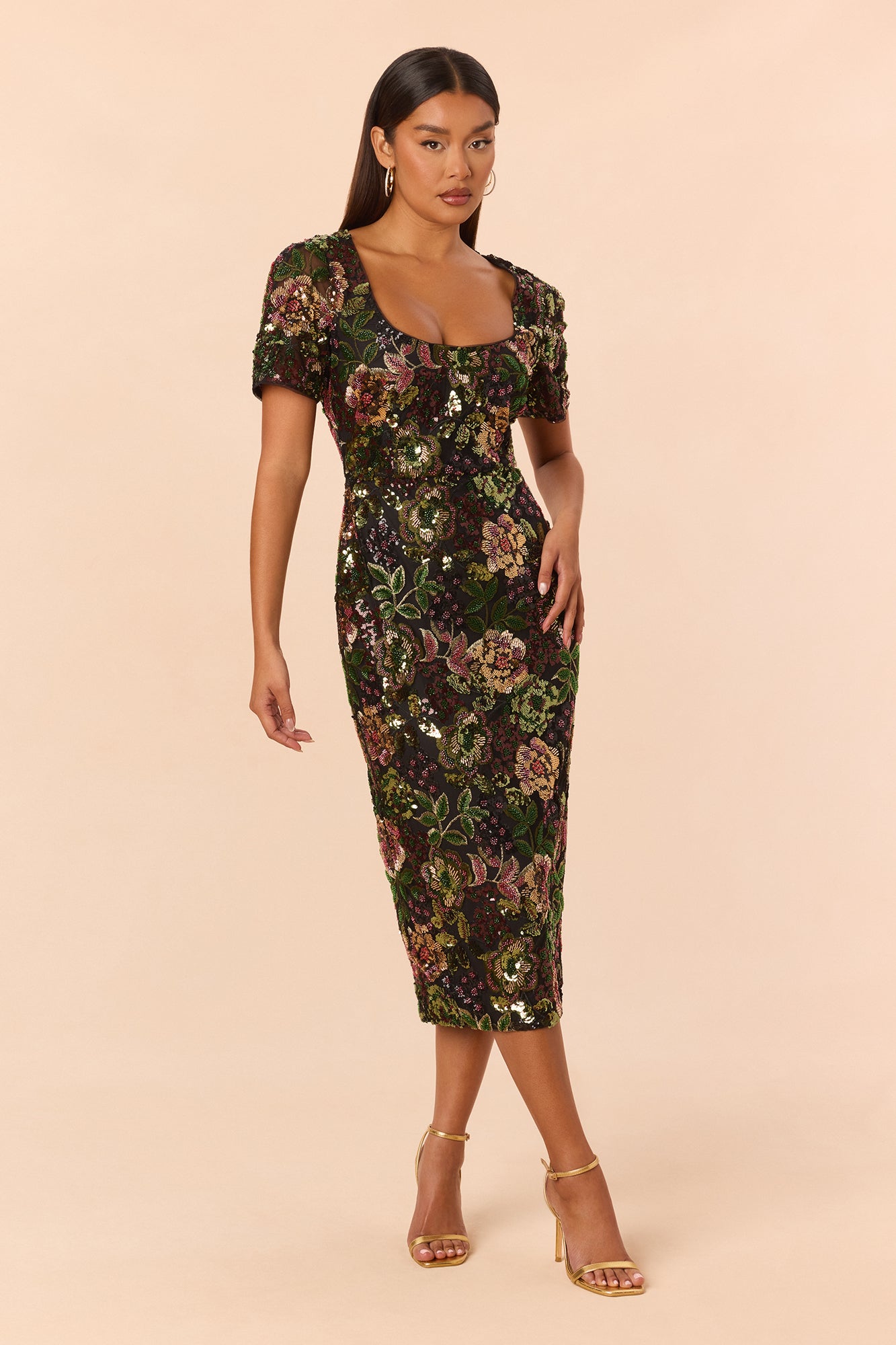 Rosie Embroidered Mesh Midi Dress - Olive/combo