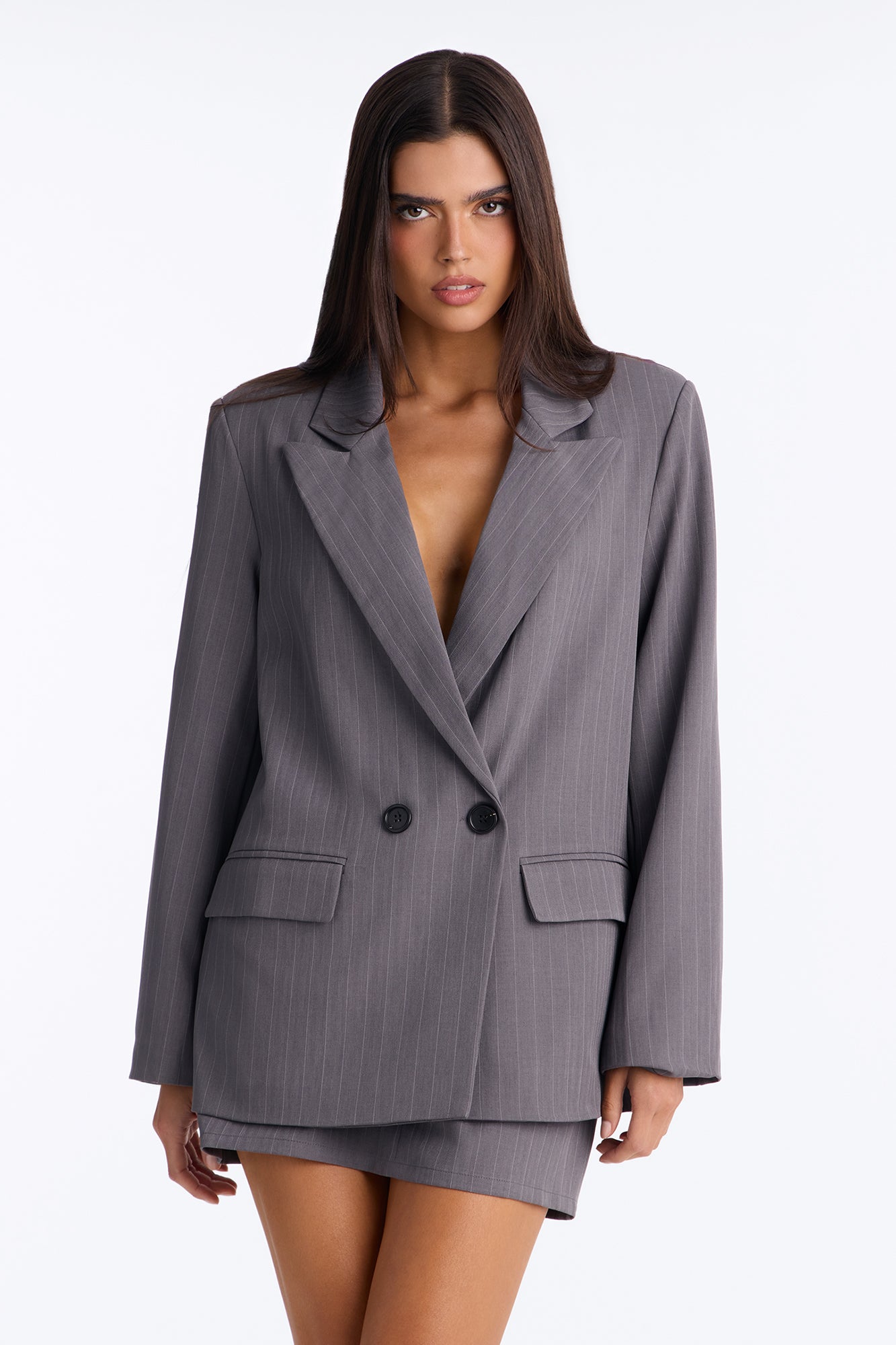 Little Miss Pinstripe Blazer And Skirt Set - Charcoal