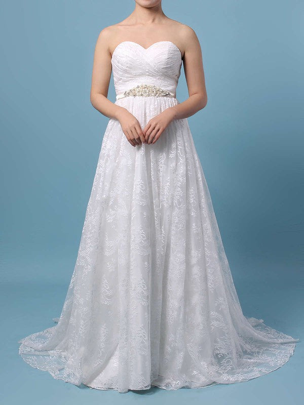 Fashionable Sweep Train A-Line Sweetheart Strapless Lace Wedding Dresses with Sash