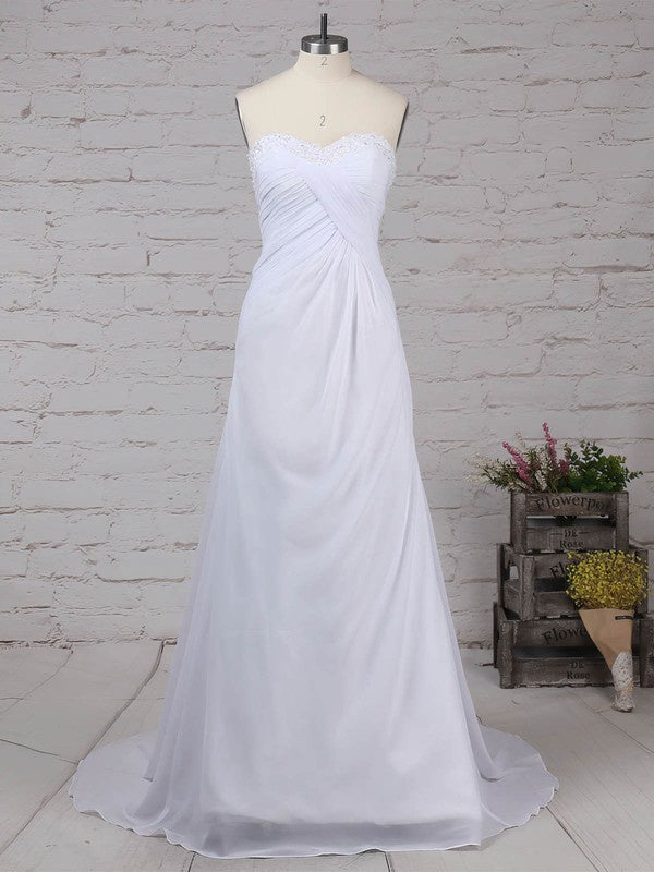 Deluxe A-Line Sweetheart Strapless Chiffon Lace Sweep Train Wedding Dresses with Ruffles