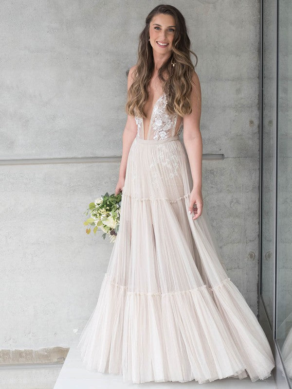 Sexy A-Line V-Neck Tulle Floor-Length Lace Wedding Dresses with Appliques