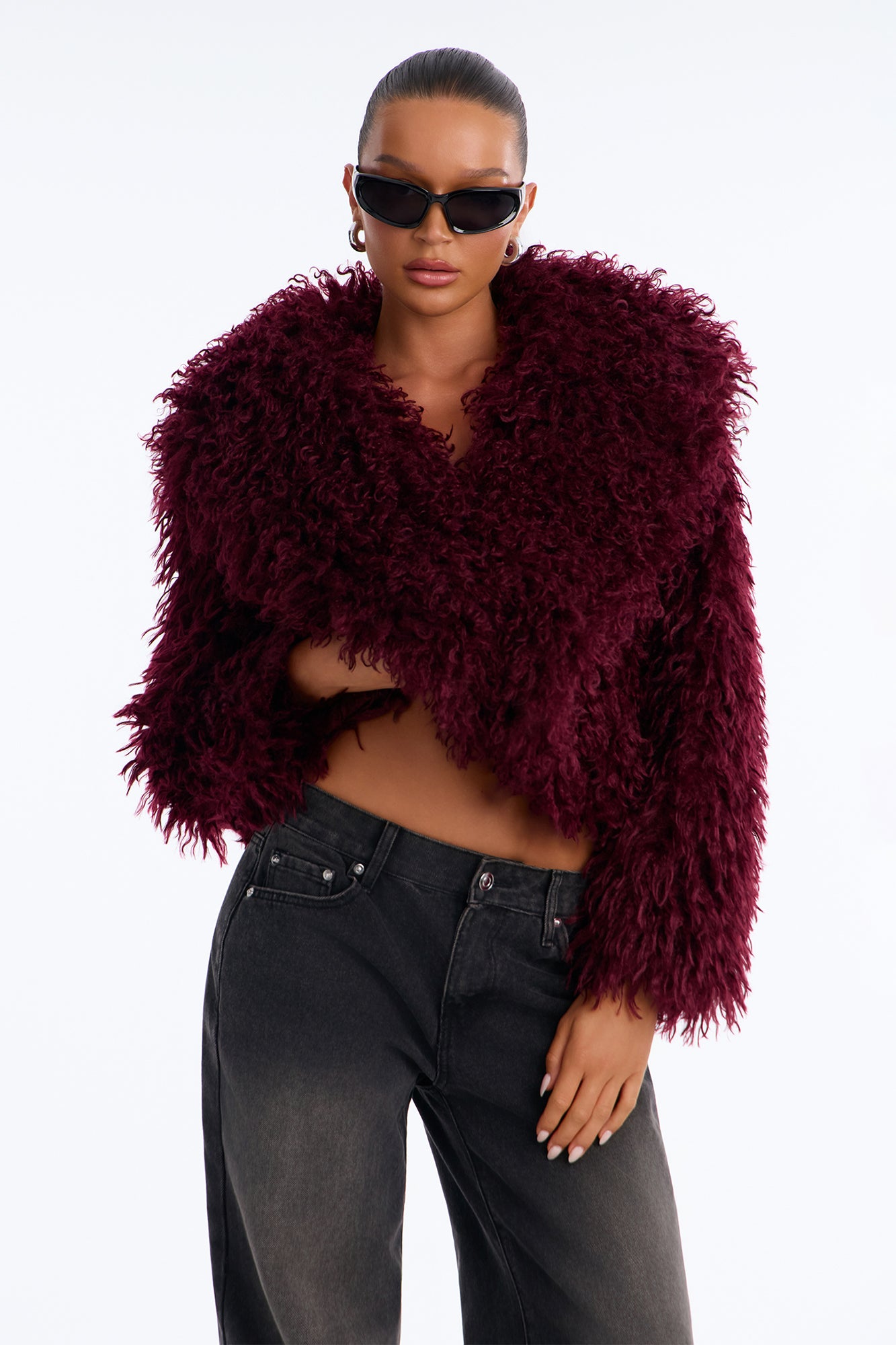 Sierra Shag Faux Fur Long Sleeve Coat - Wine