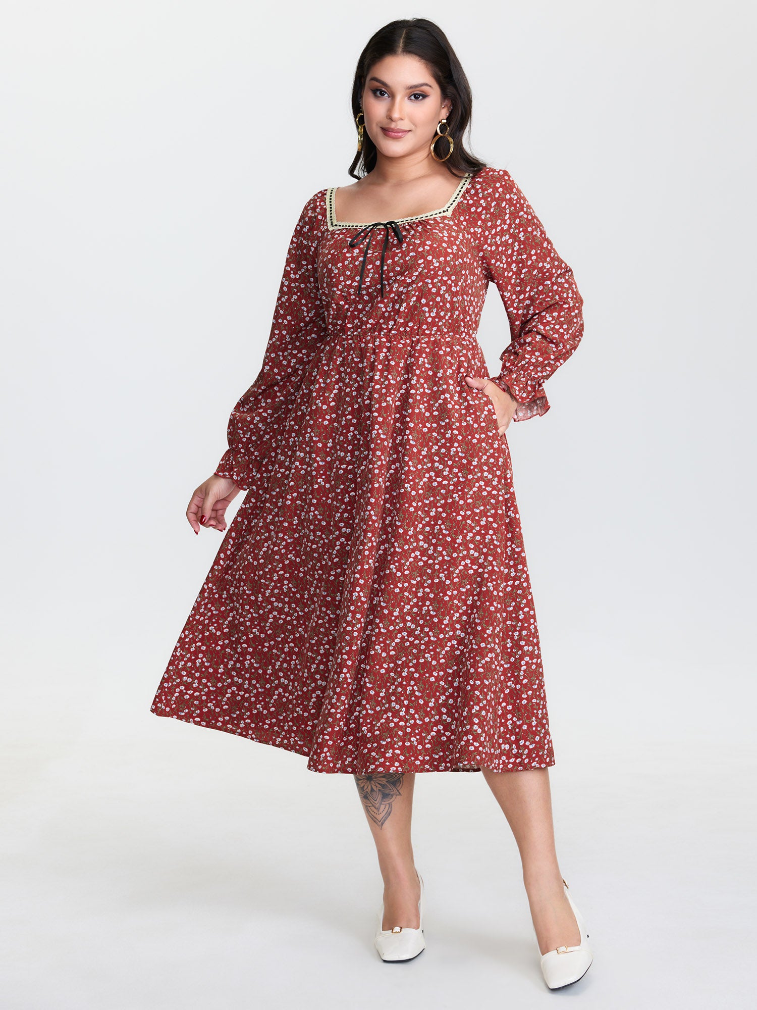 Floral Print Square Neckline Drawstring Midi Dress