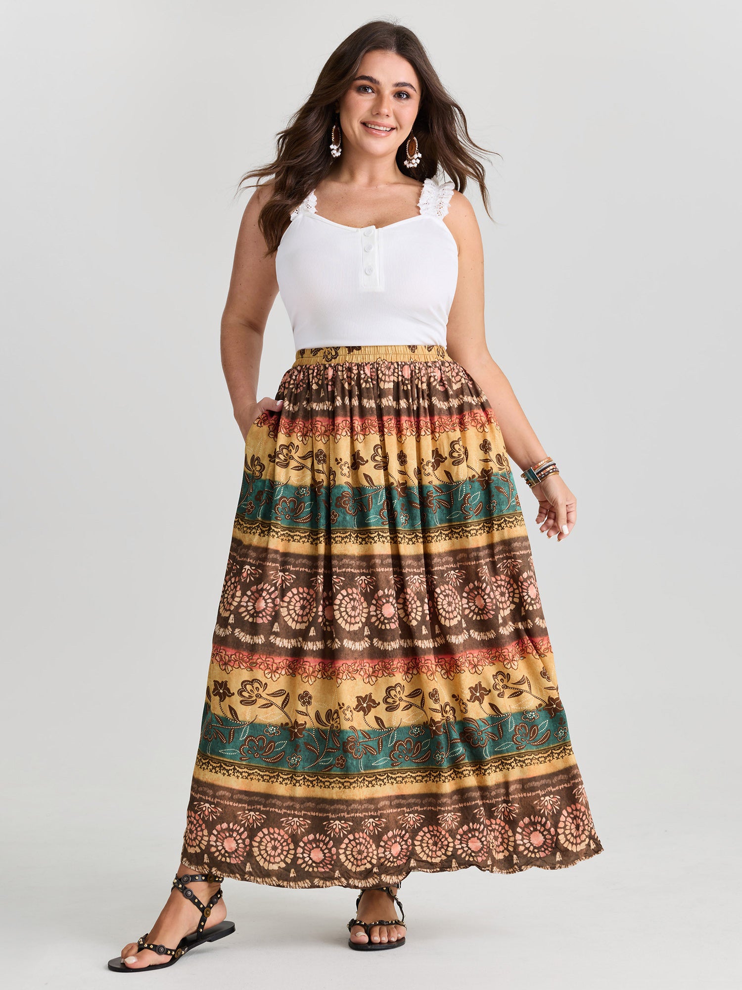 Color Contrast Boho Print Maxi Skirt