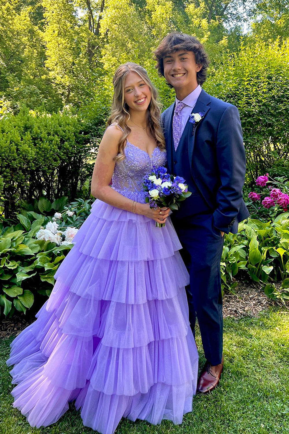 Long Prom Dress with Lilac Princess Spaghetti Straps and Tiered Tulle Appliques