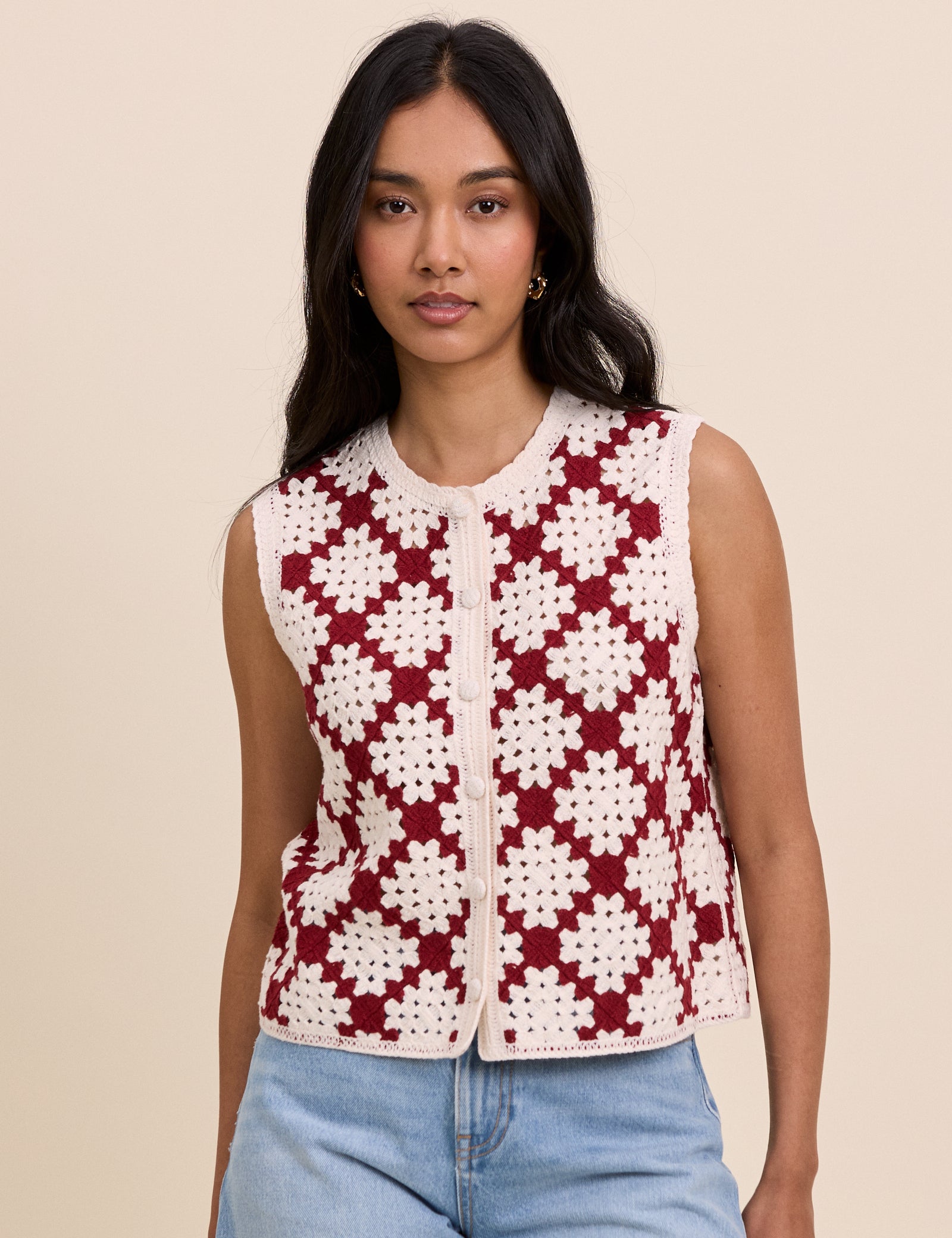 Red and White Crochet Button Through Top