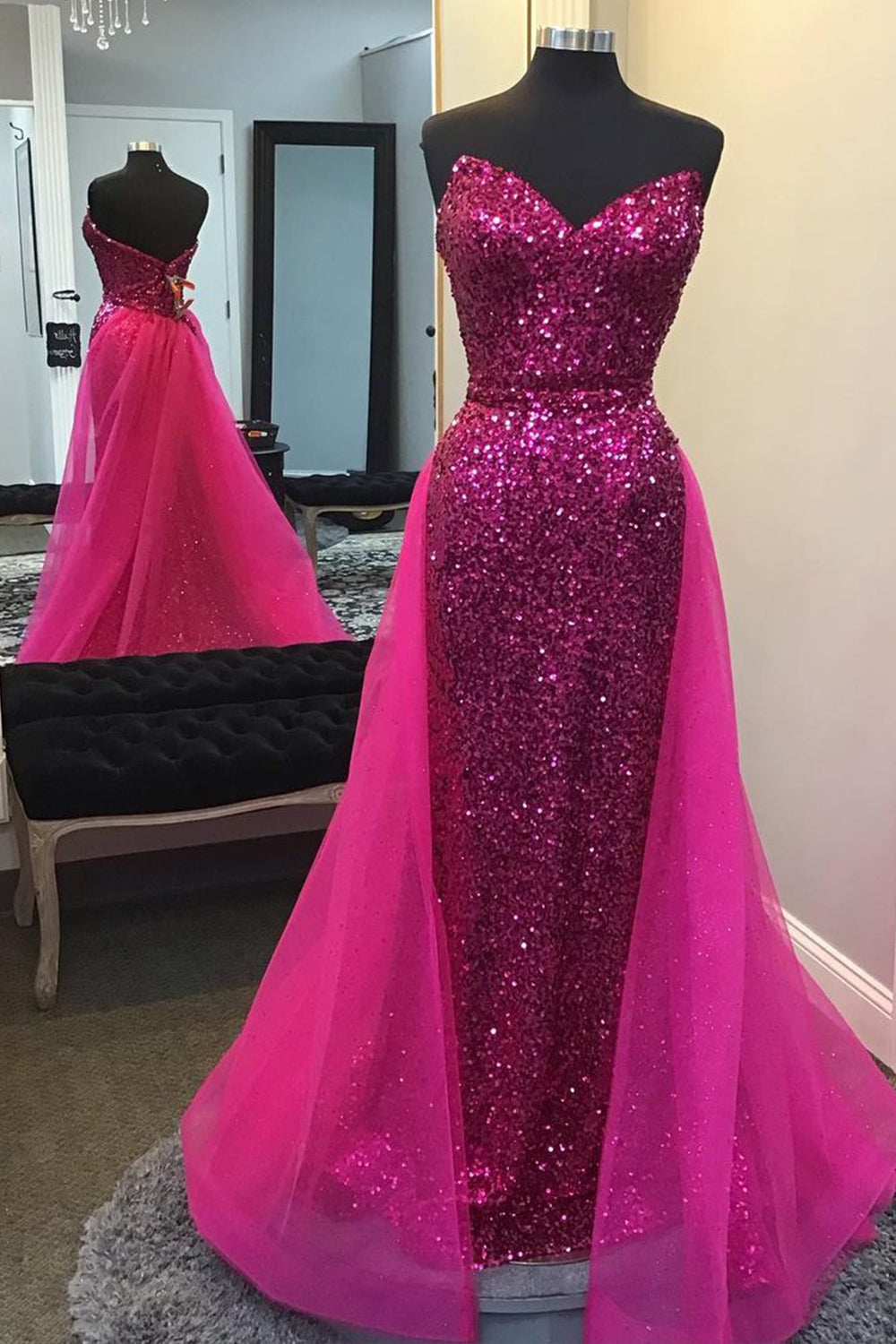 Long Hot Pink Prom Dress with Sparkly Detachable Sequins Train