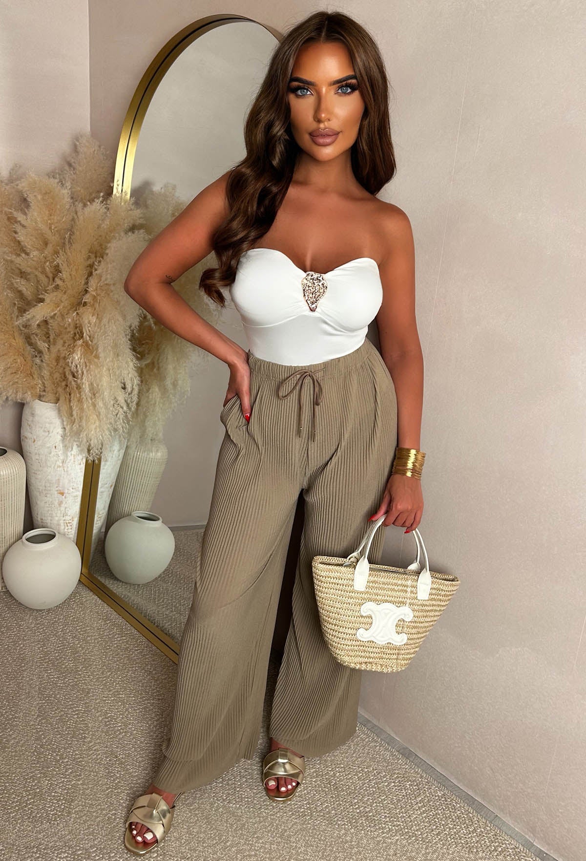 The Good Life Mocha Pleated High Waist Wide Leg Trousers
