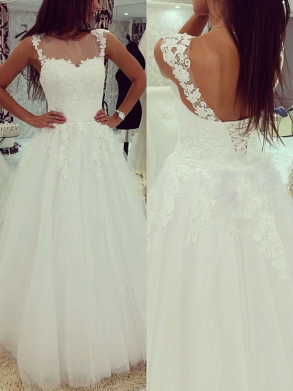 Charming Lace Tulle Backless Floor-Length Ball Gown Wedding Dresses with Appliques
