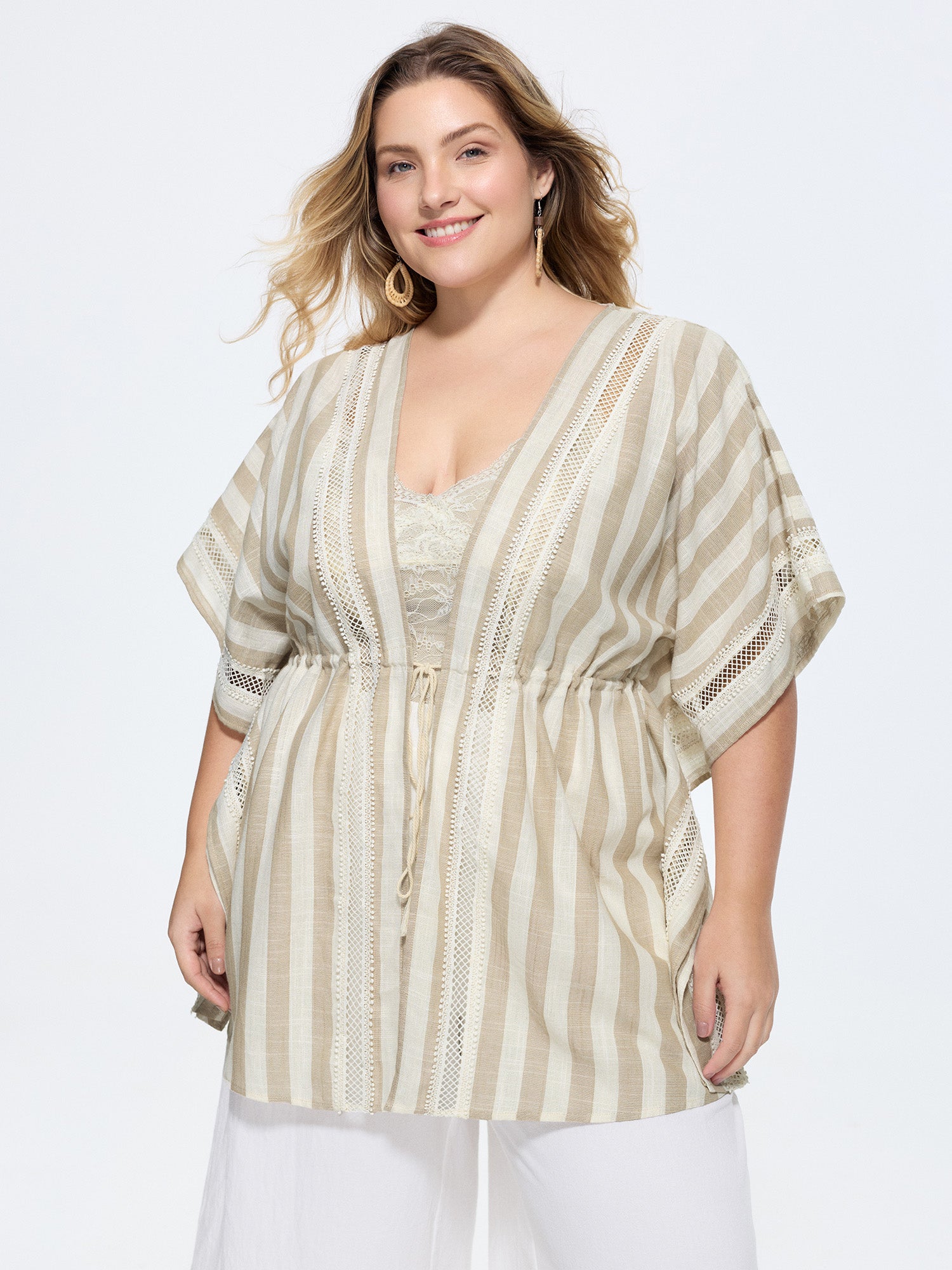 Linen Blend Striped Drawstring Waist Cover-Up