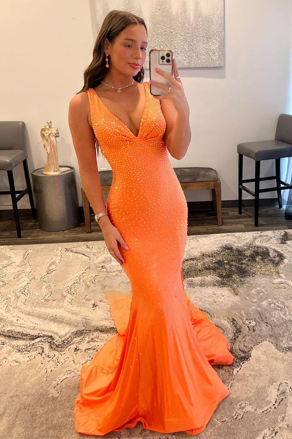 Orange Long Prom Dress with Deep V Neck and Mermaid Beading