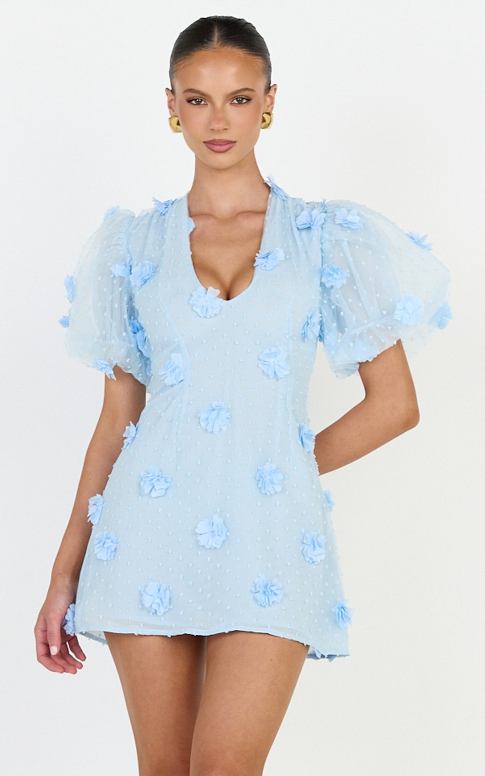 Azalea Mini Dress - Puff Sleeve 3D Floral A Line Dress in Blue