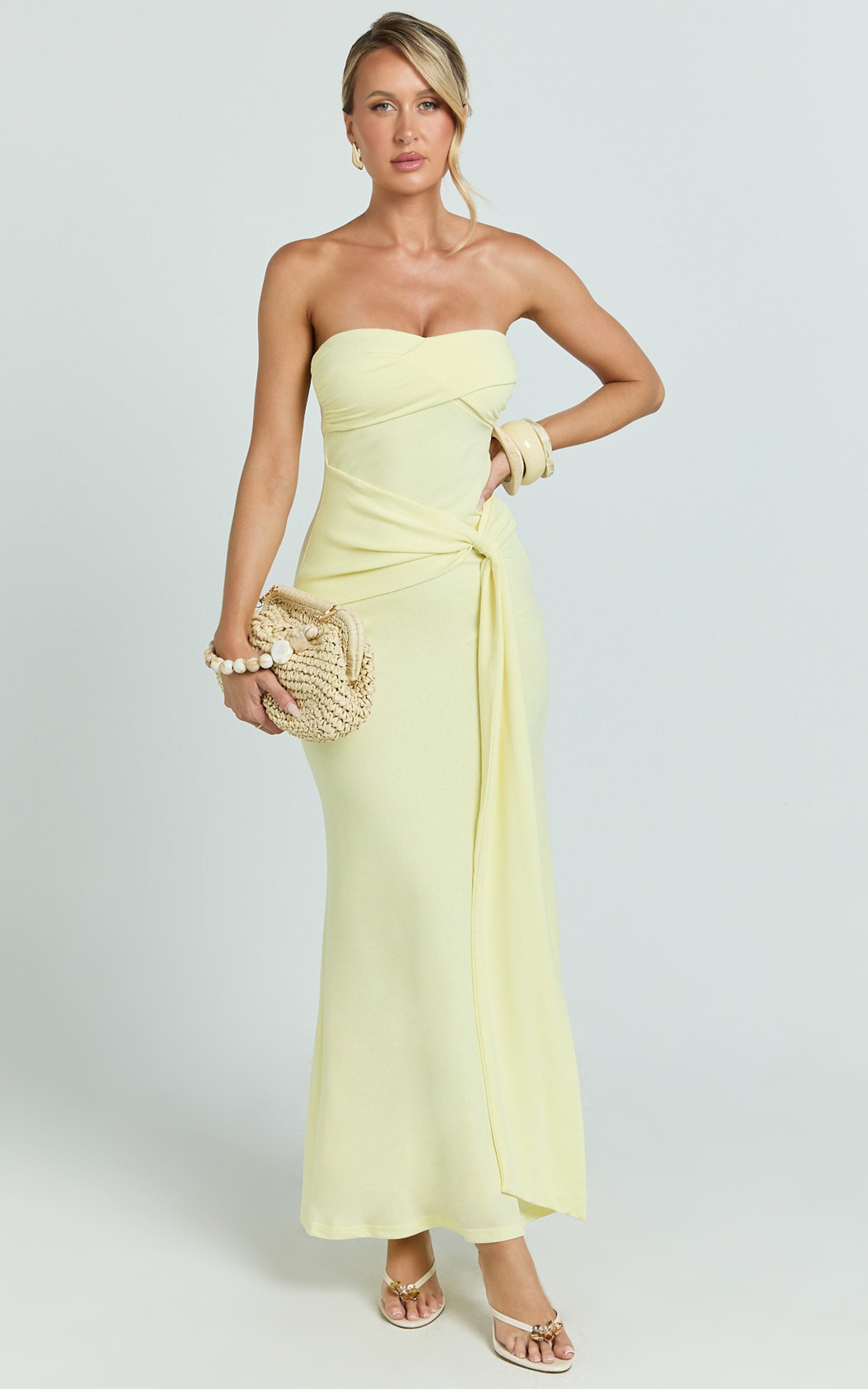 Aria Midi Dress - Strapless Tie Waist Dress in Lemon