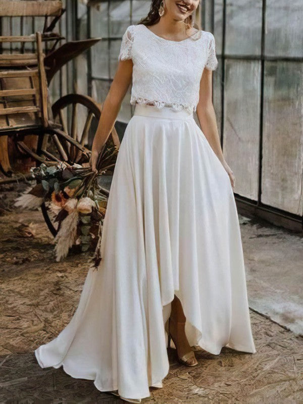 Elegant Two-Piece A-Line Crew Neck Short Sleeves Lace Satin Floor-Length Wedding Dresses