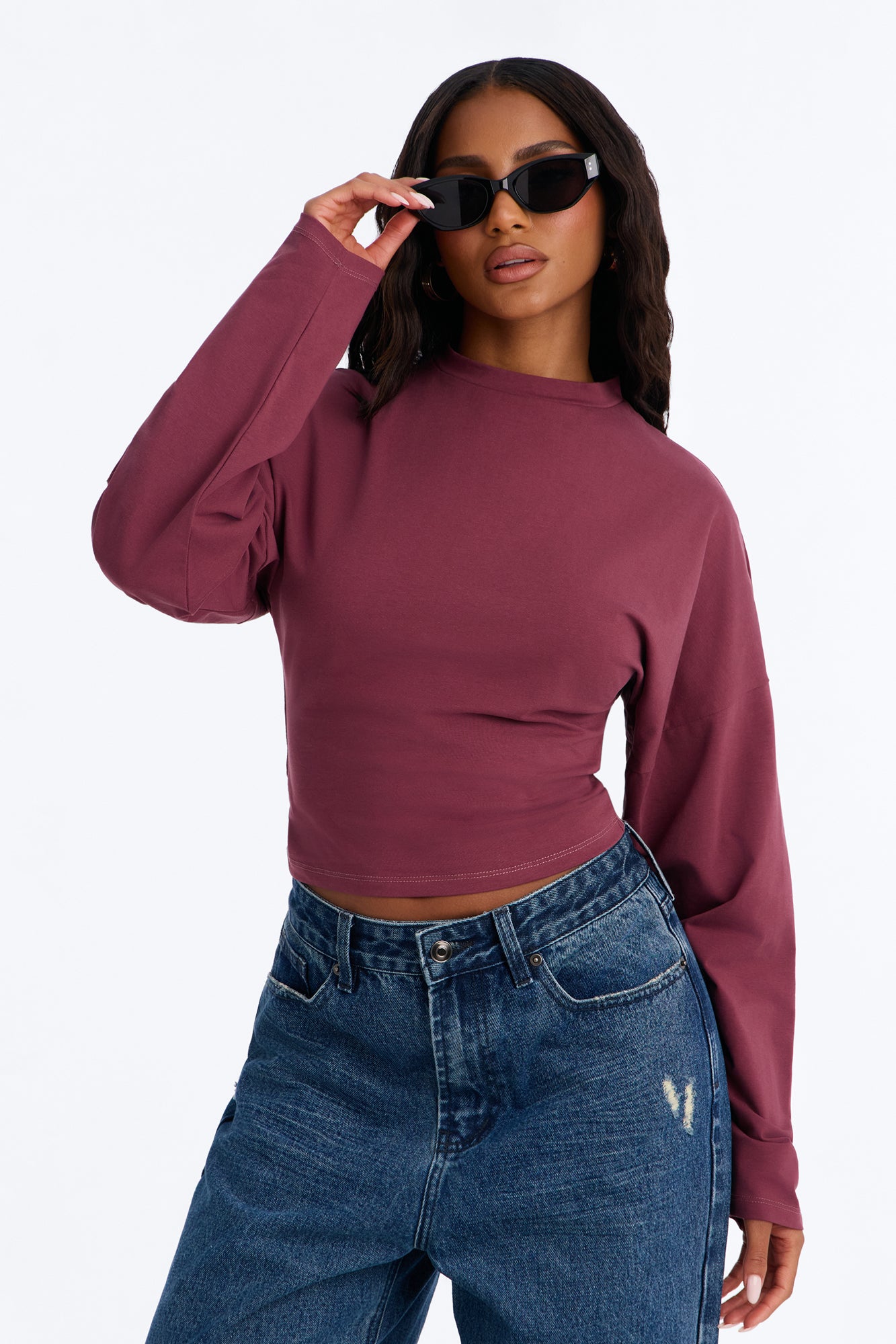 Krissy Cinched Waist Long Sleeve T-Shirt - Burgundy