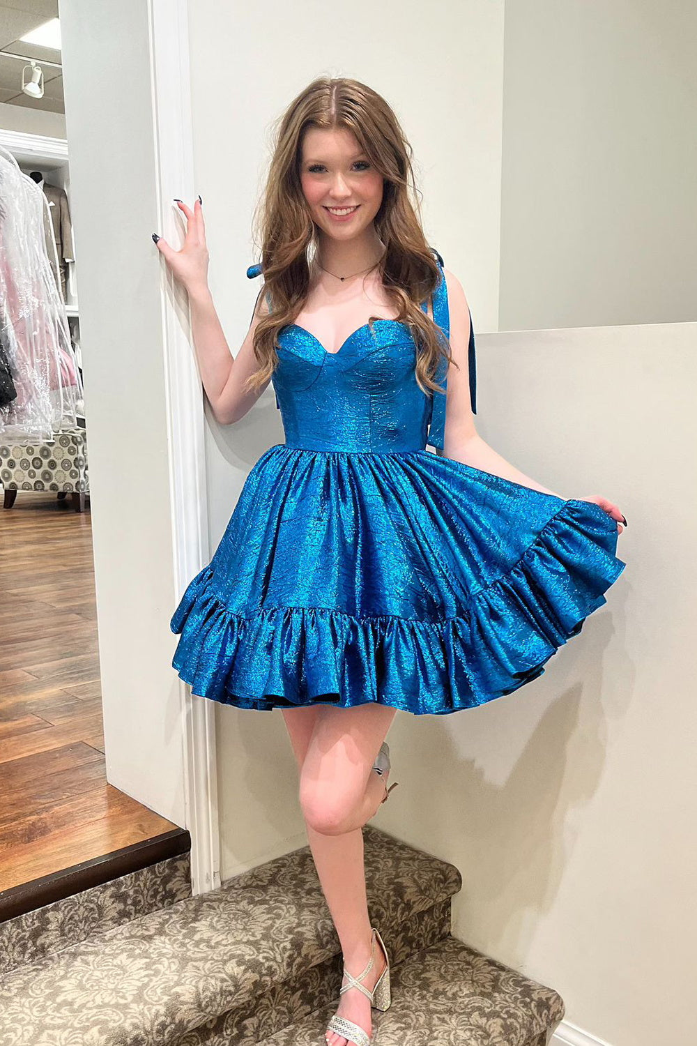 Blue Spaghetti Straps A Line Tiered Short Homecoming Dress/Mini Dress with Bows
